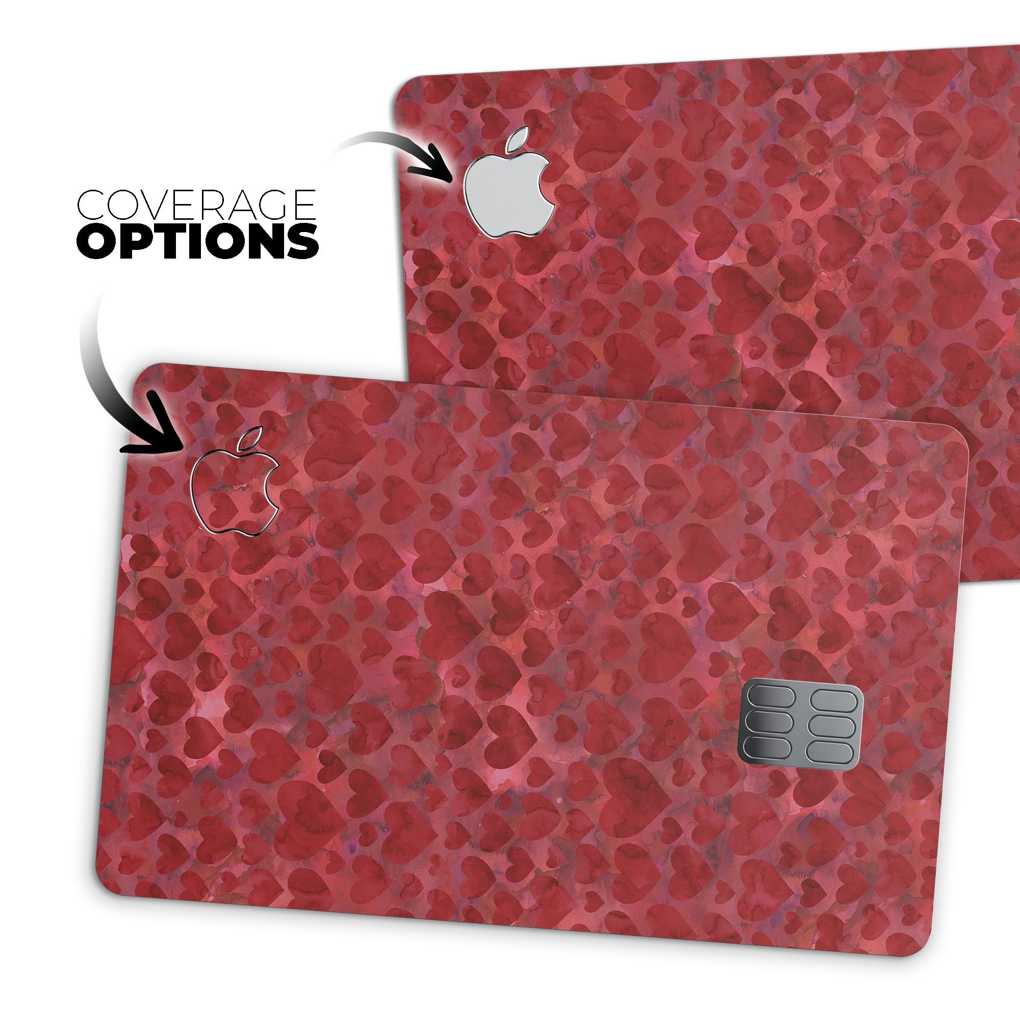 Wine Watercolor Hearts decal skin for Apple Card, showcasing vibrant colors and a protective design.