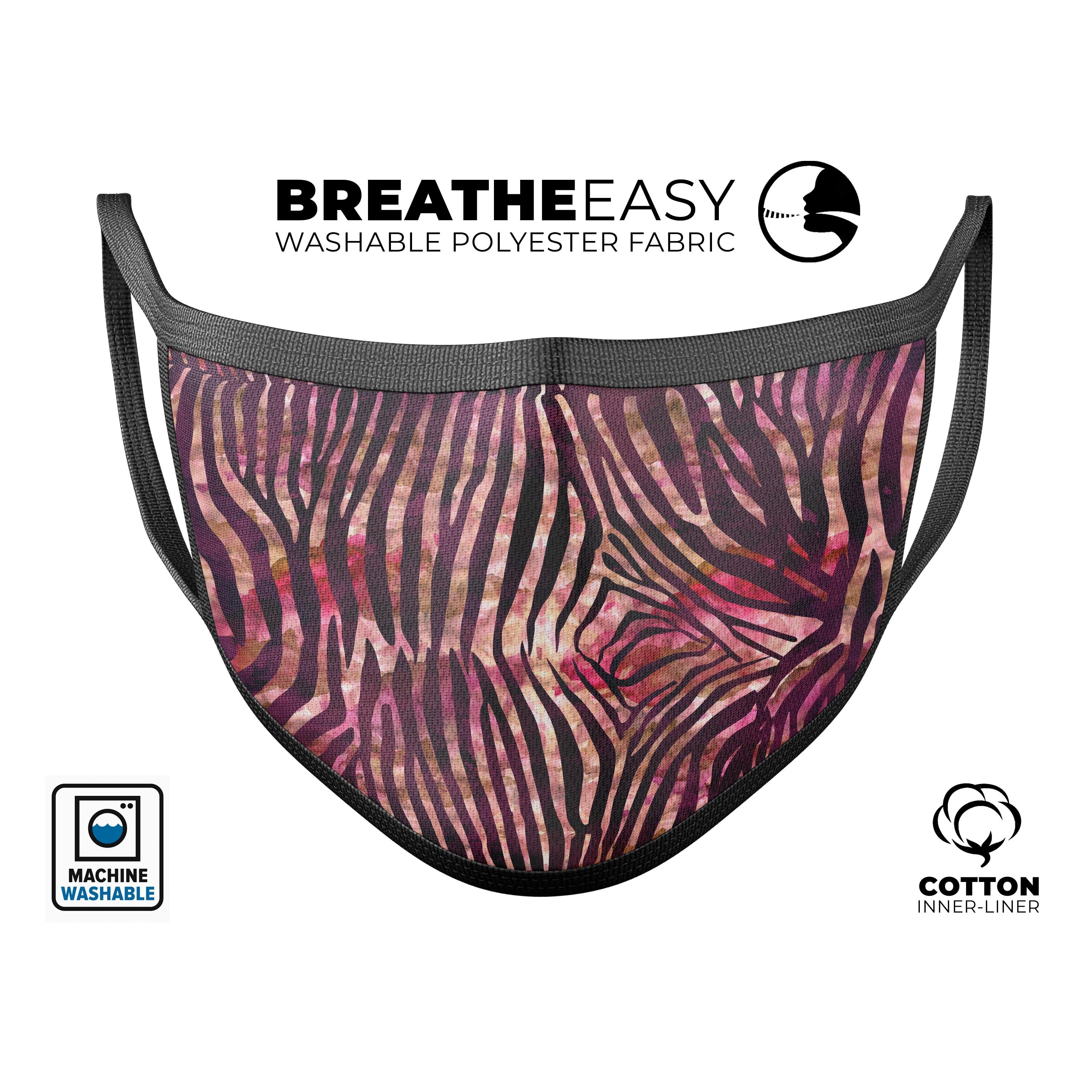 Wine Watercolor Zebra Pattern face mask, showcasing vibrant colors and unique design, made in the USA.