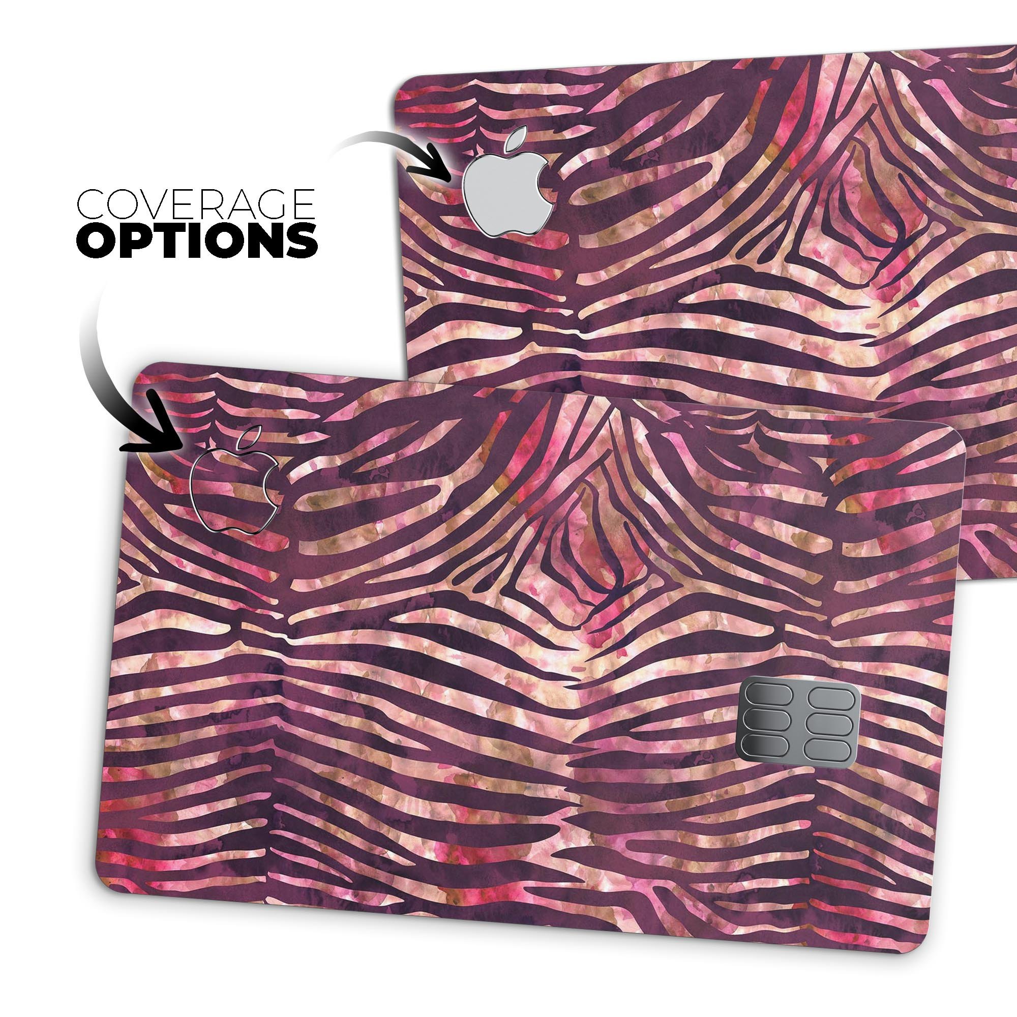 Wine Watercolor Zebra Pattern decal skin for Apple Card, showcasing vibrant colors and stylish design.