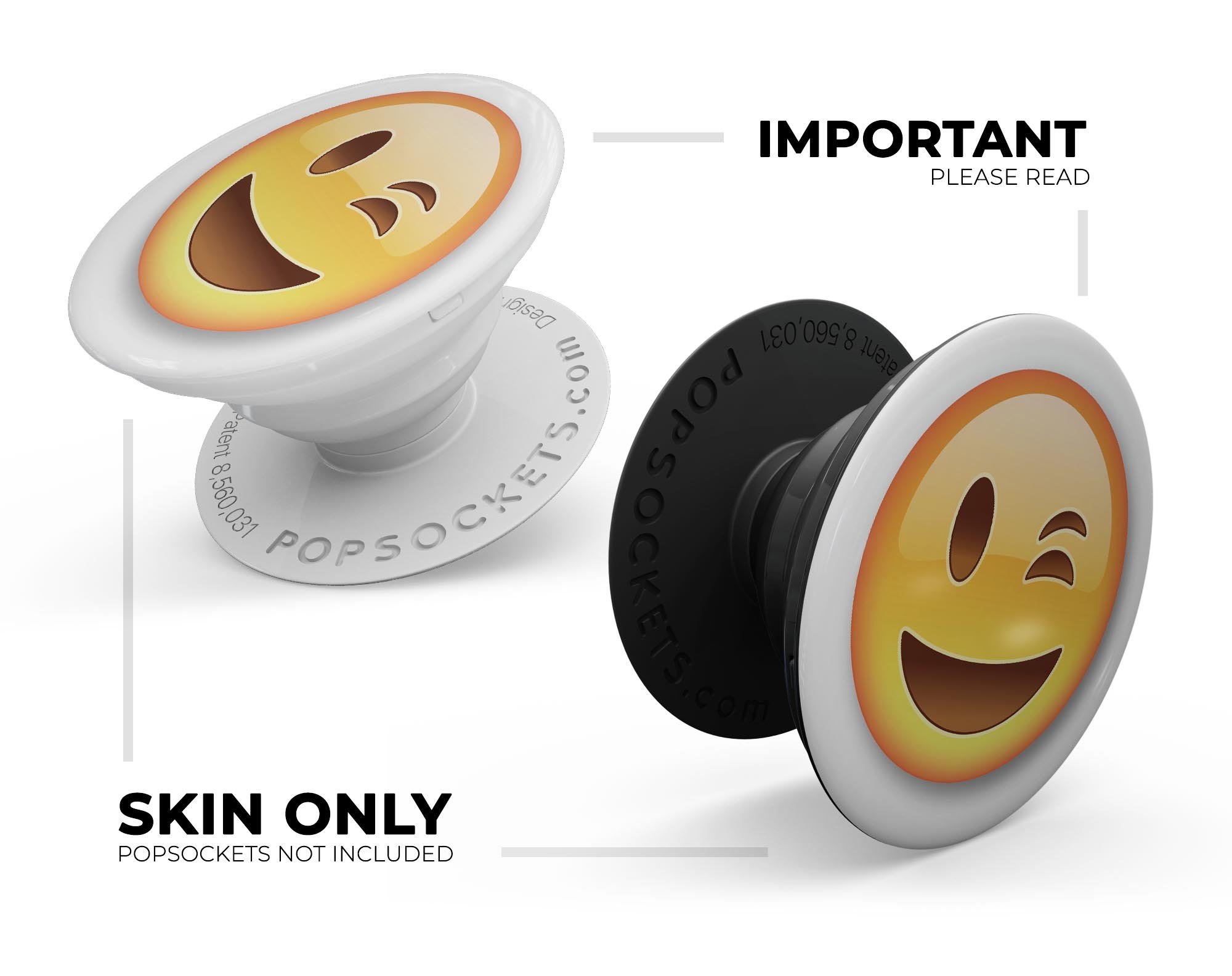 Wink Emoticon Emoji Skin Kit for PopSockets, featuring a vibrant design on premium vinyl.