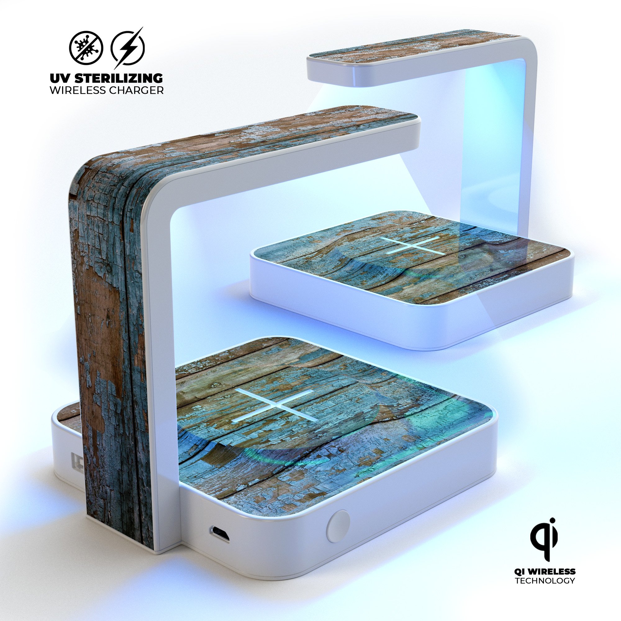 Wood planks wireless charger with UV germicidal lamp, designed for sanitizing phones while charging.