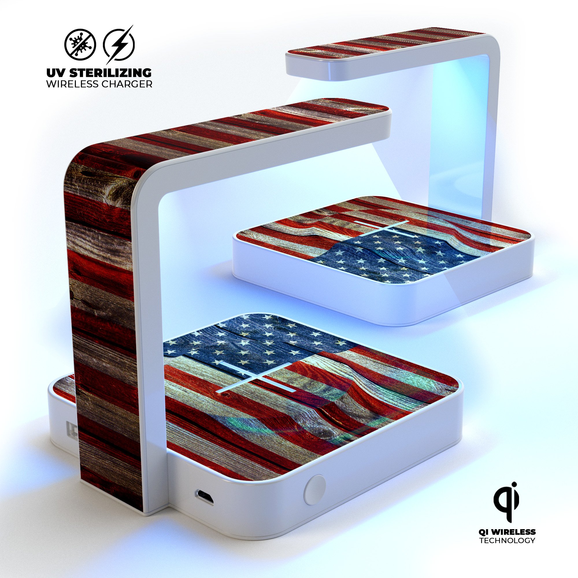 Wooden Grungy American Flag UV Germicidal Sanitizing Charger with wireless charging feature and decorative skin-kit.