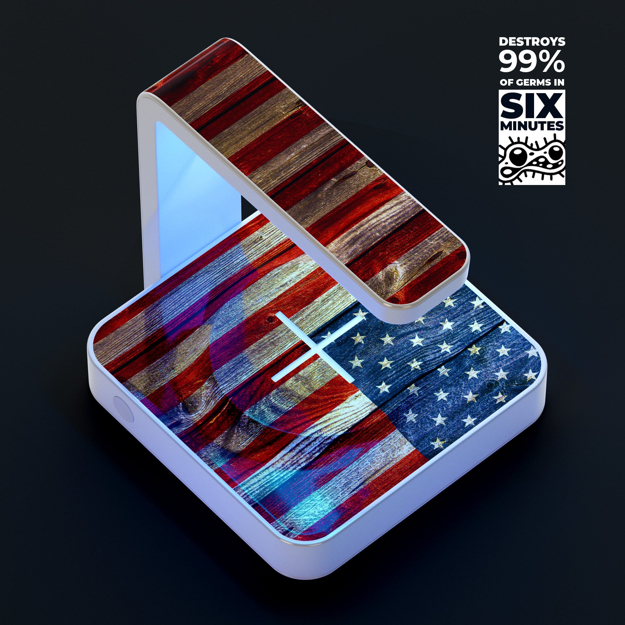 Wooden Grungy American Flag UV Germicidal Sanitizing Charger with wireless charging feature and decorative skin-kit.