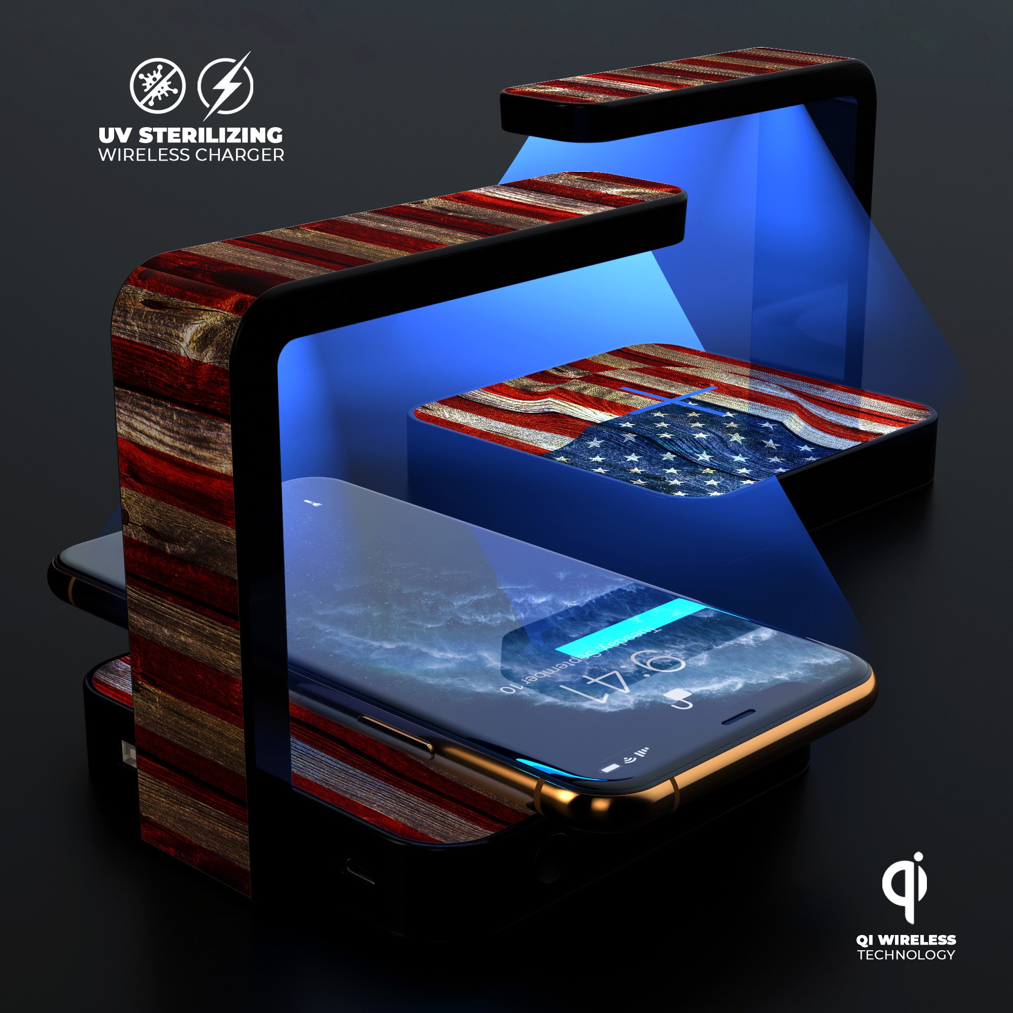 Wooden Grungy American Flag UV Germicidal Sanitizing Charger with wireless charging feature and decorative skin-kit.