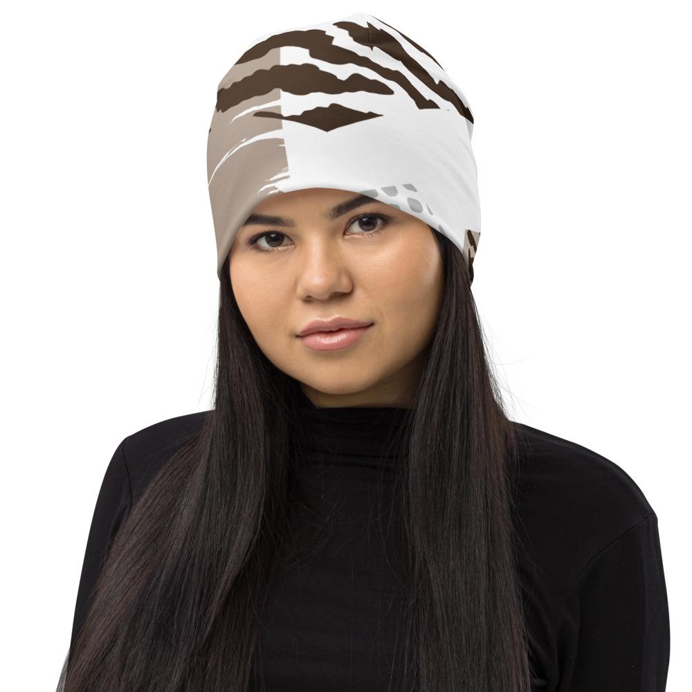 Women's Brown Taupe Print Beanie Hat, double-layered and soft, perfect for chilly weather.