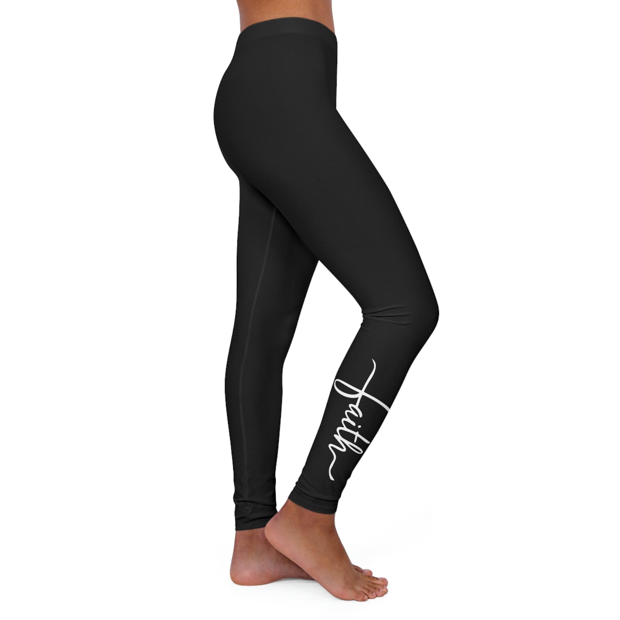 Womens black fitness leggings featuring Faith Christian inspiration, designed for comfort and style during workouts.