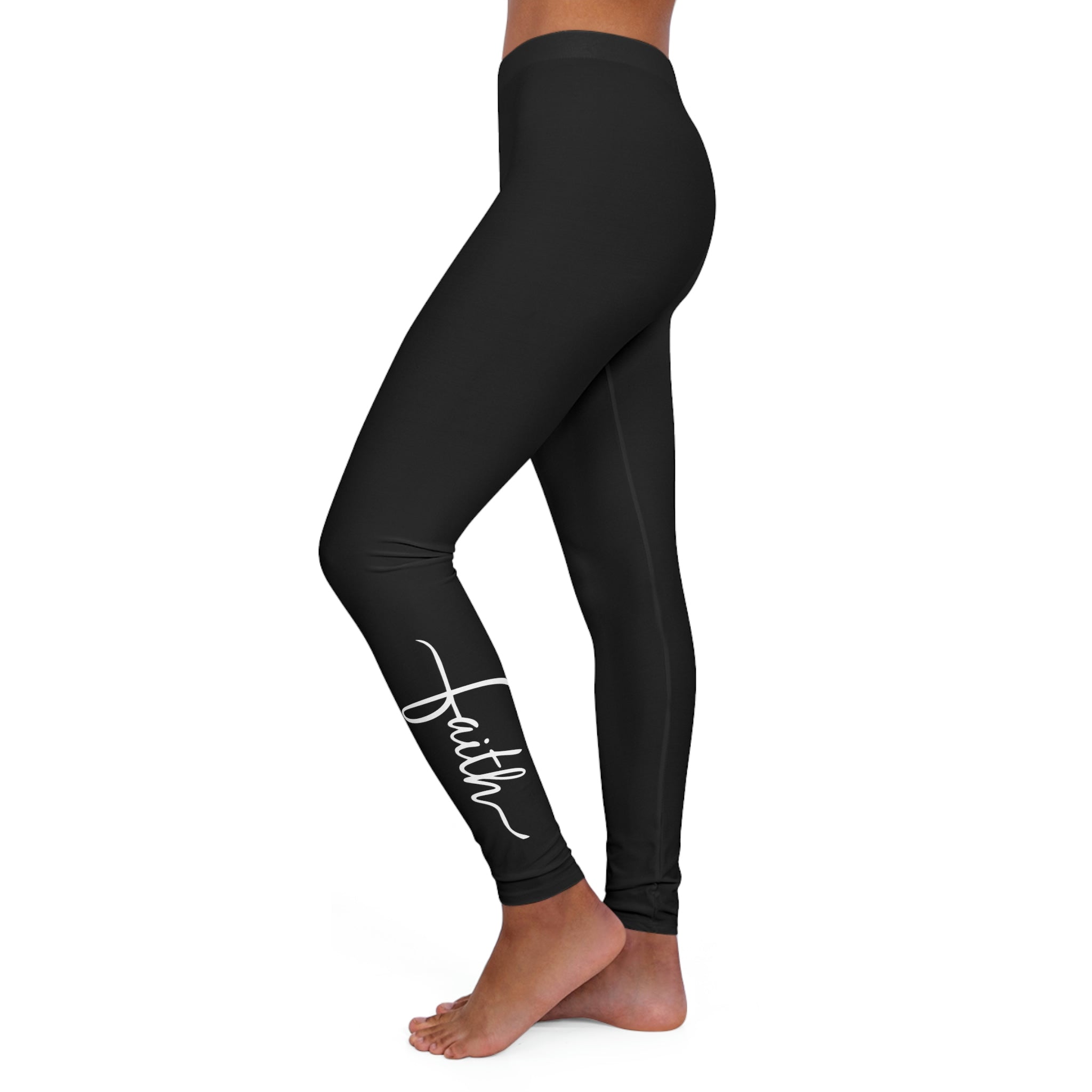 Womens black fitness leggings featuring Faith Christian inspiration, designed for comfort and style during workouts.