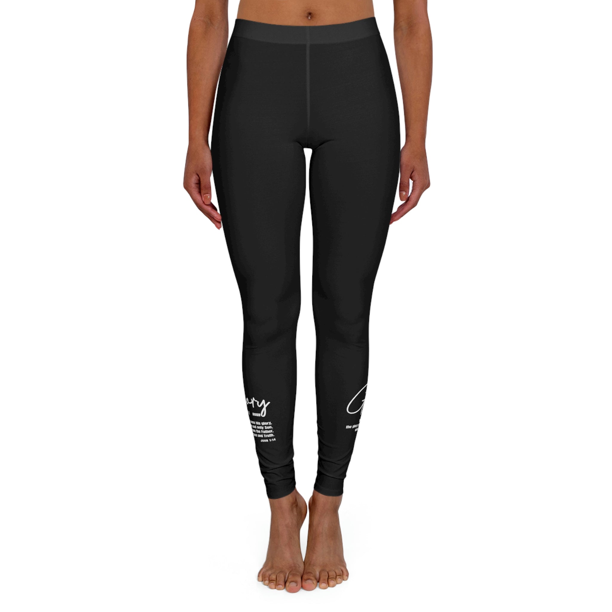 Womens black fitness leggings featuring a double layer waistband, made from stretchy polyester, cotton, and spandex fabric, ideal for workouts and athleisure.