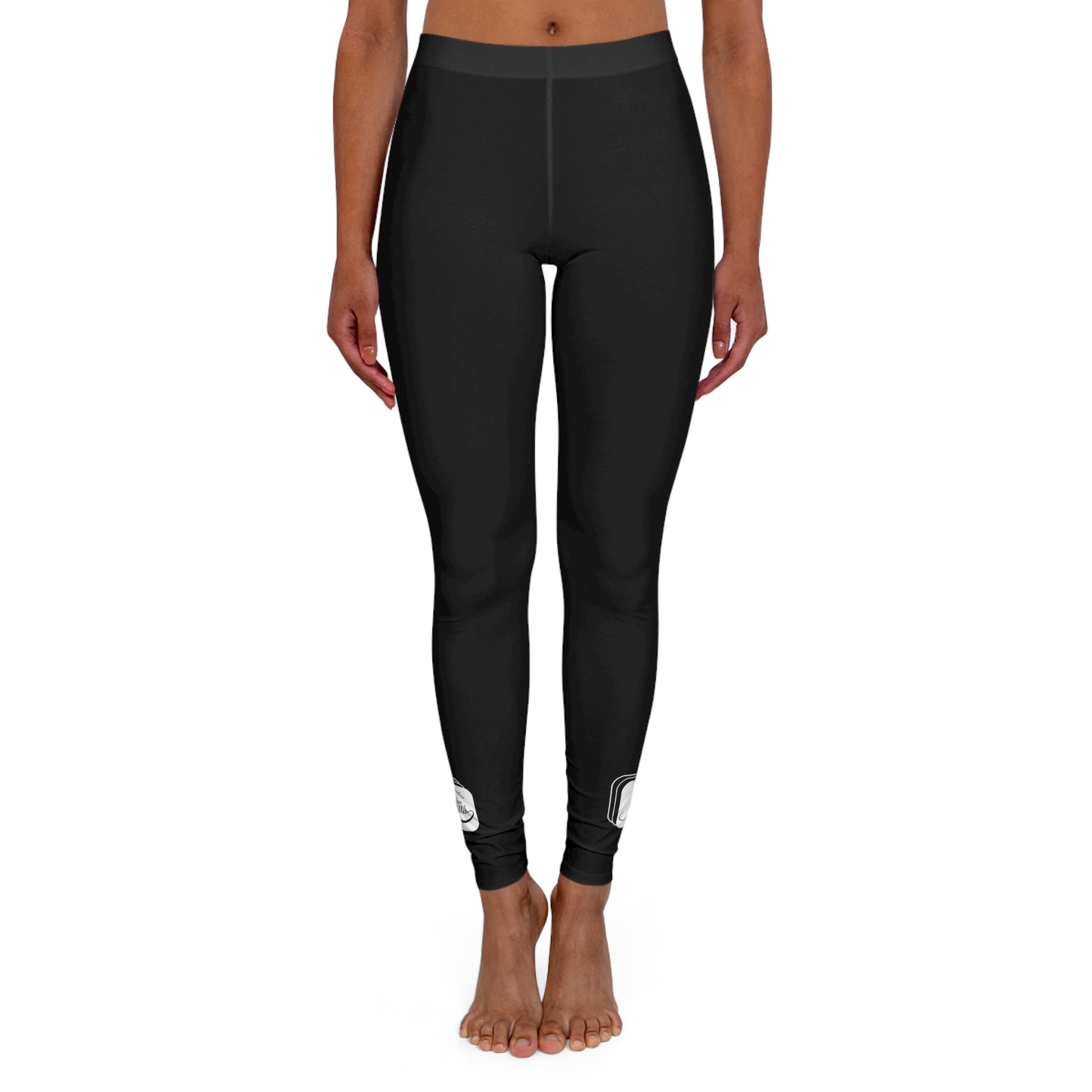 Womens Black Fitness Leggings featuring Team Jesus illustration, high-waist design, and slim contoured fit, perfect for workouts and casual outings.