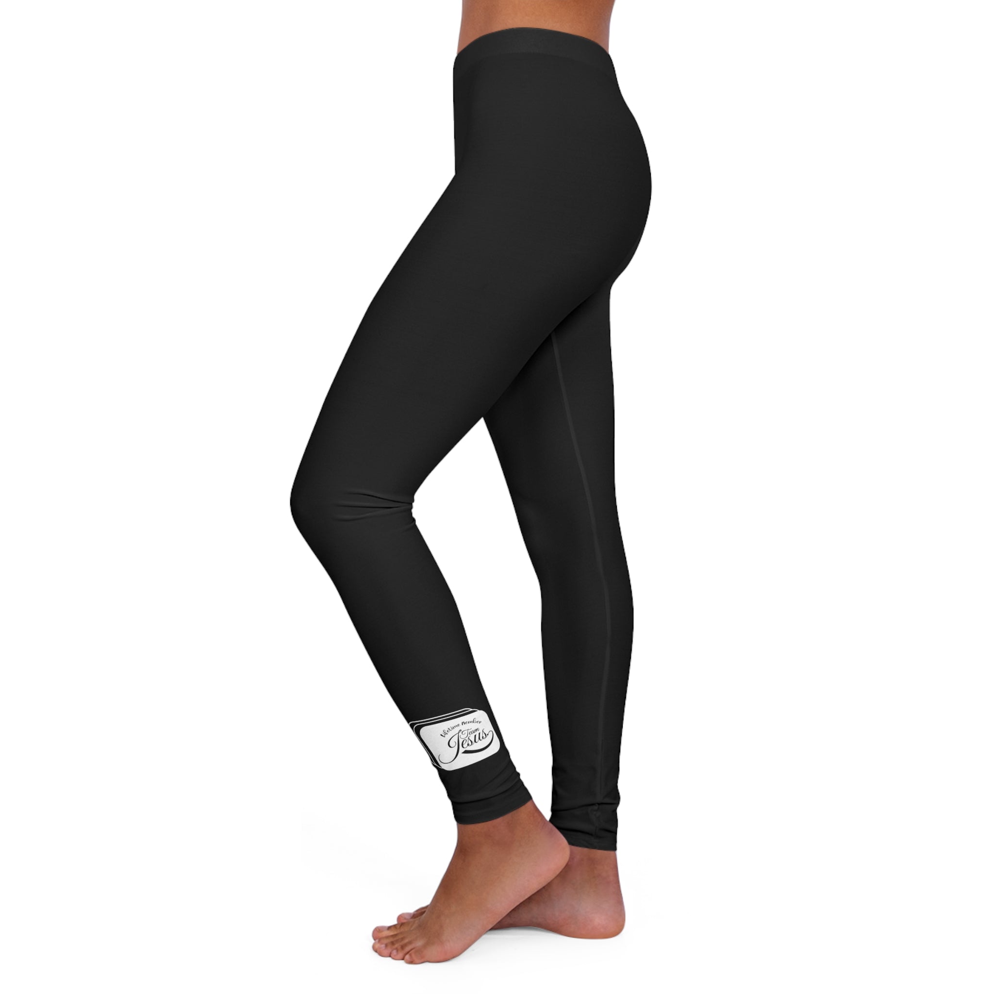 Womens Black Fitness Leggings featuring Team Jesus illustration, high-waist design, and slim contoured fit, perfect for workouts and casual outings.