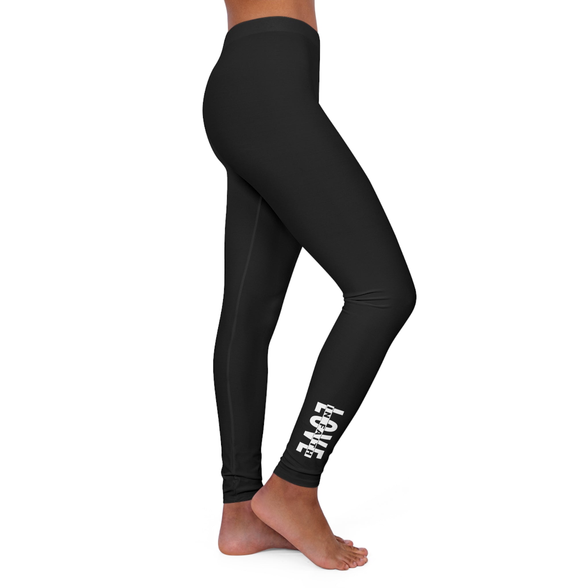 Womens Black Fitness Leggings Love in Faith featuring a high-waist design and slim contoured fit, perfect for workouts and casual outings.