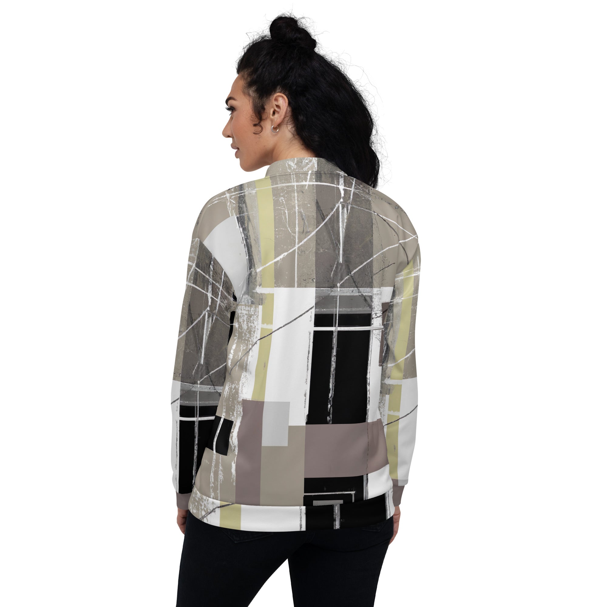 Women's bomber jacket featuring abstract brown geometric shapes, zip-front closure, and ribbed cuffs, perfect for stylish layering.