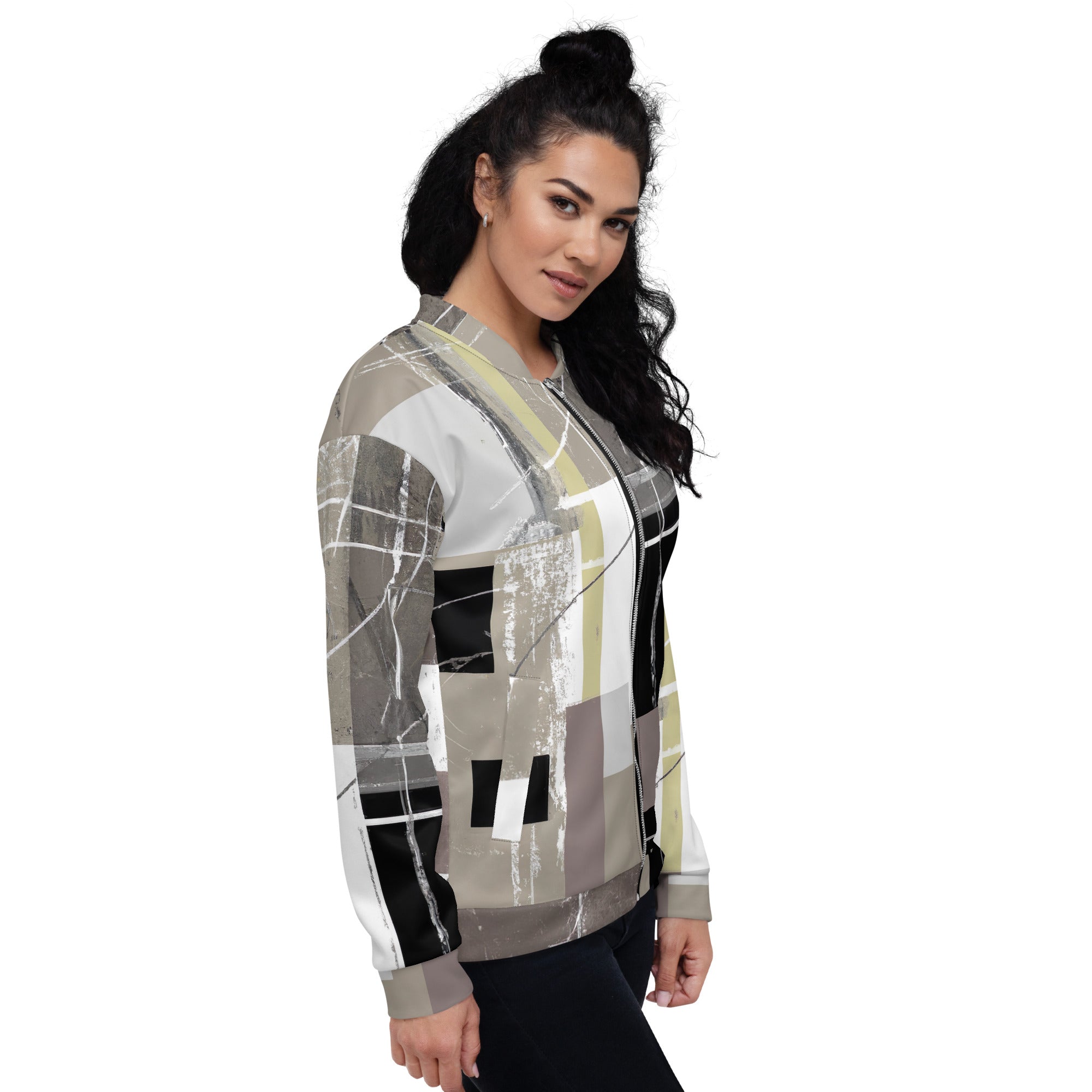 Women's bomber jacket featuring abstract brown geometric shapes, zip-front closure, and ribbed cuffs, perfect for stylish layering.