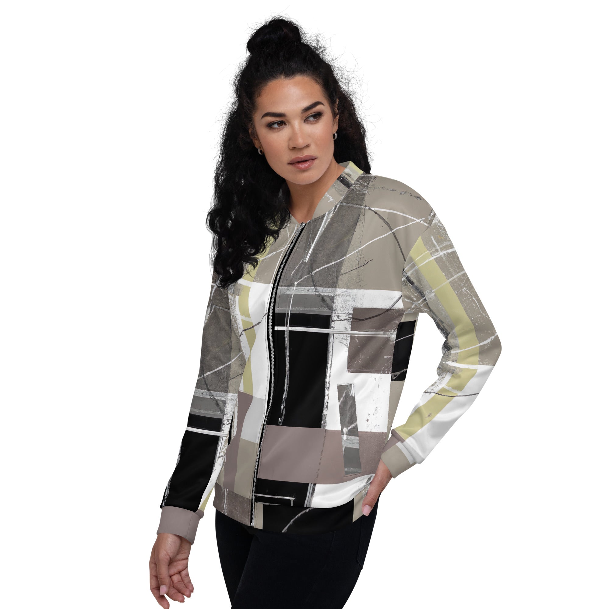 Women's bomber jacket featuring abstract brown geometric shapes, zip-front closure, and ribbed cuffs, perfect for stylish layering.