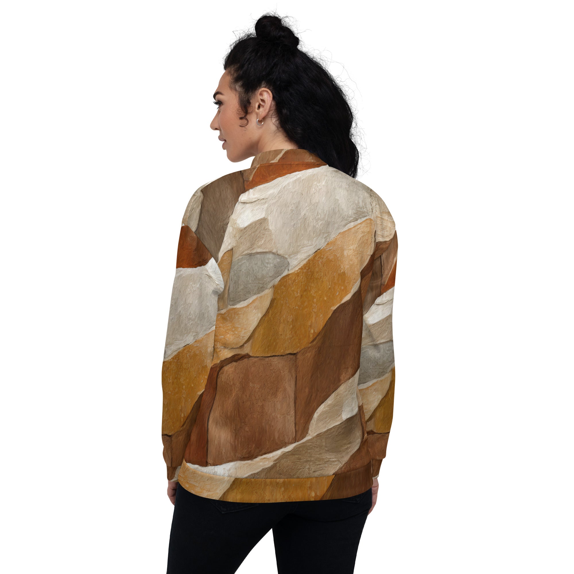 Women's bomber jacket featuring an abstract stone print, zip-front closure, and ribbed cuffs, perfect for stylish layering.