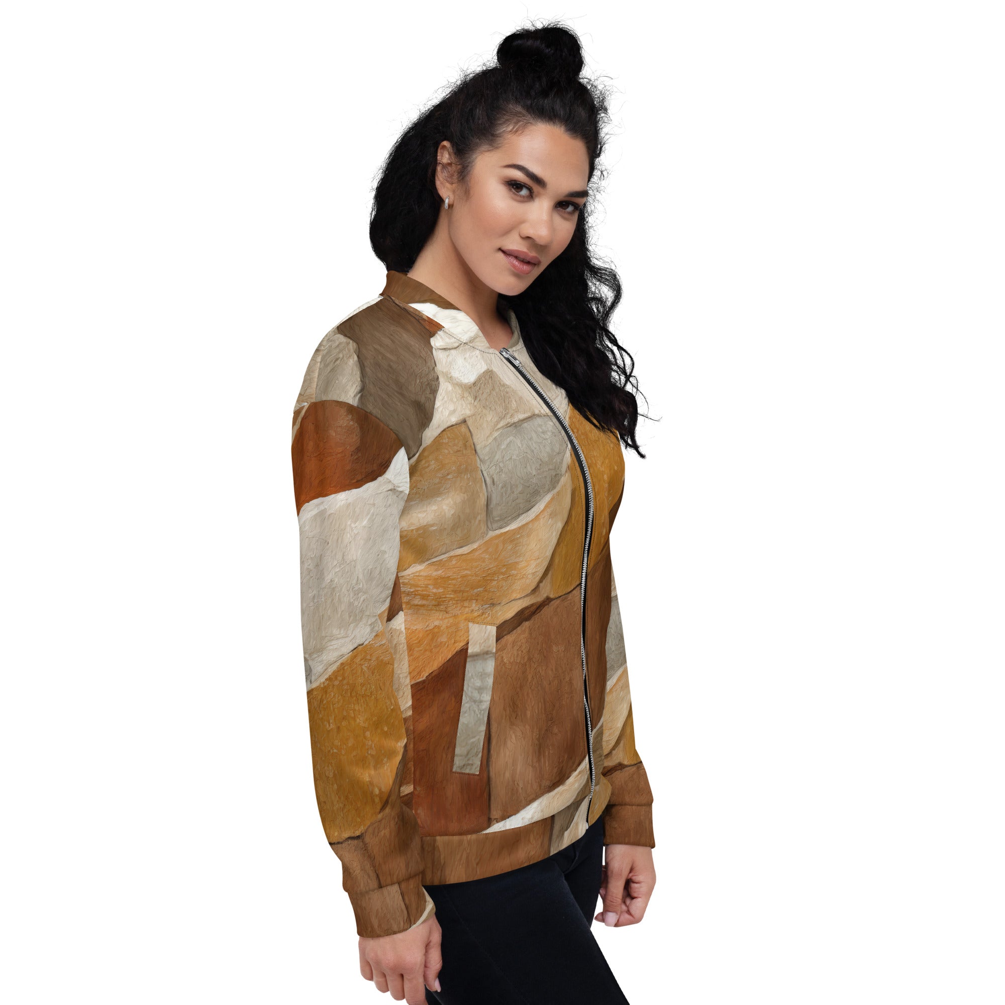 Women's bomber jacket featuring an abstract stone print, zip-front closure, and ribbed cuffs, perfect for stylish layering.