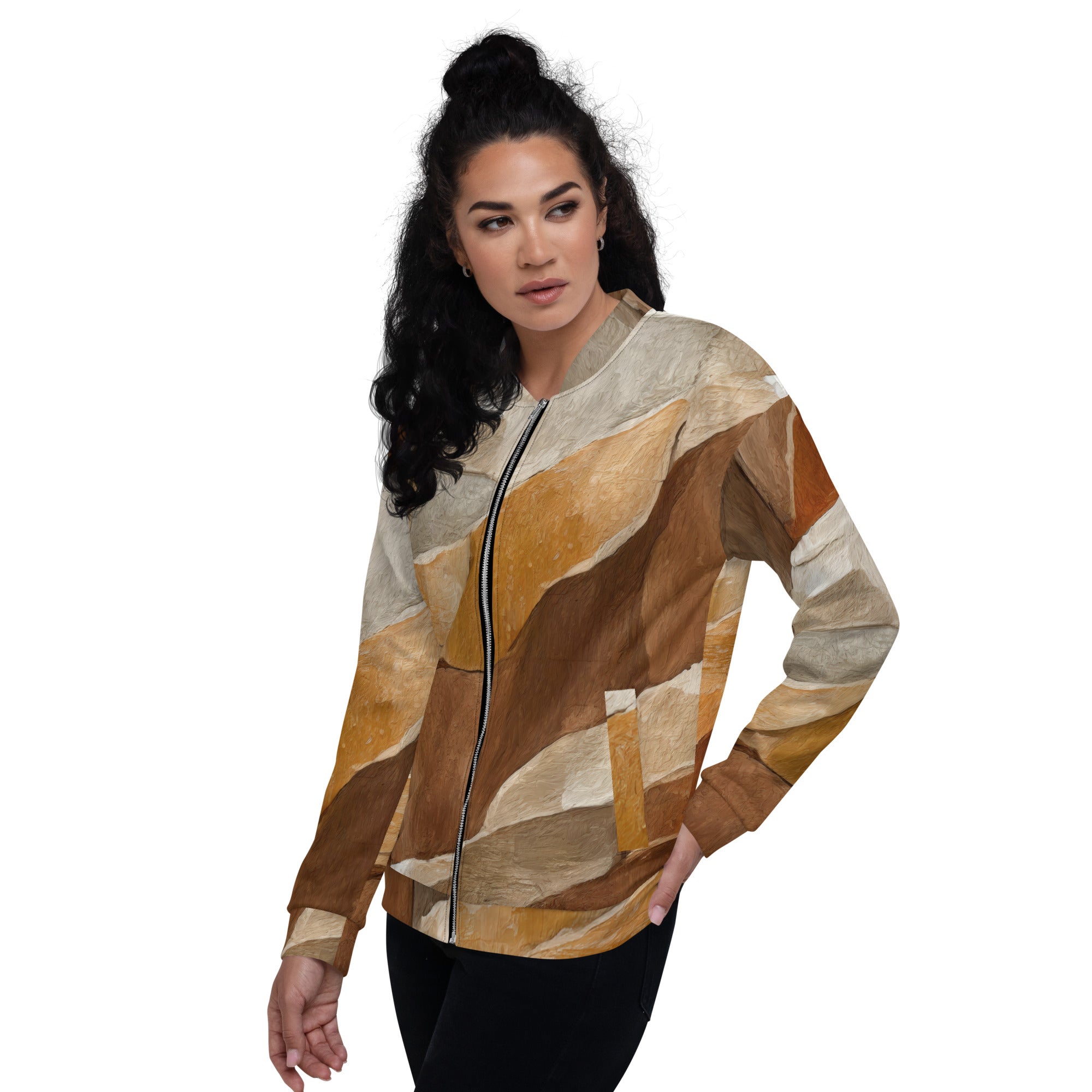 Women's bomber jacket featuring an abstract stone print, zip-front closure, and ribbed cuffs, perfect for stylish layering.