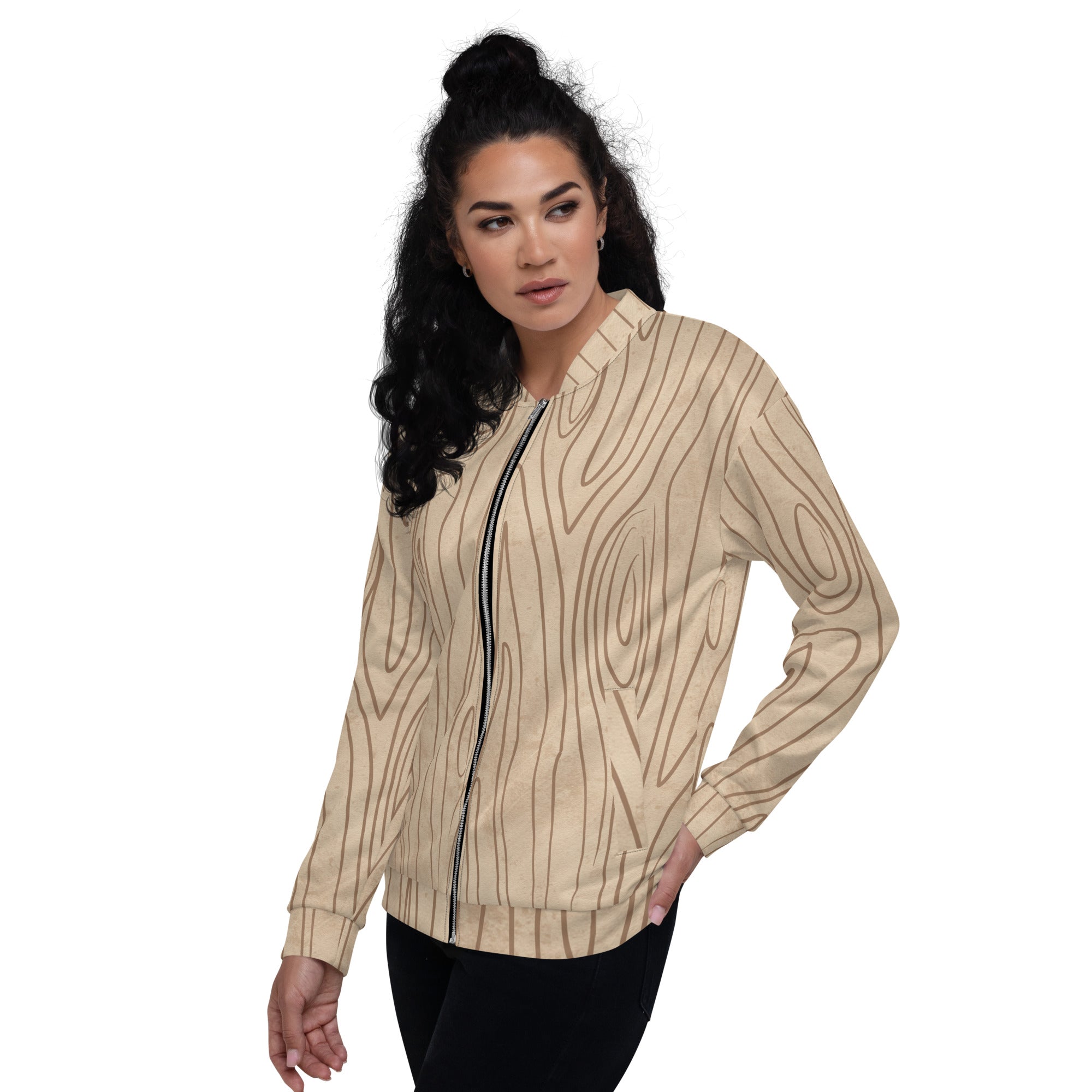 Women's bomber jacket in beige and brown featuring tree sketch lines, zip-front closure, and ribbed cuffs, perfect for stylish layering.