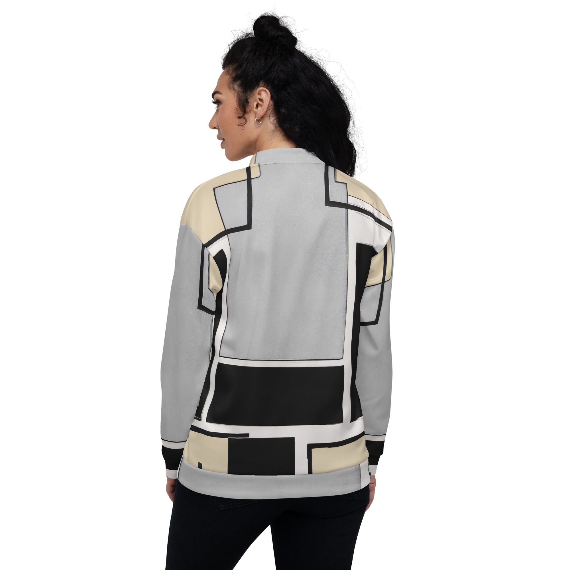 Women's bomber jacket featuring a black and grey abstract pattern, zip-front closure, and ribbed cuffs, ideal for stylish layering.