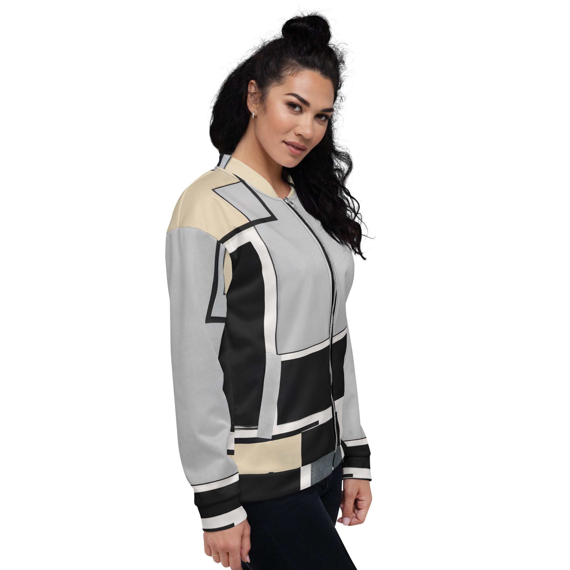 Women's bomber jacket featuring a black and grey abstract pattern, zip-front closure, and ribbed cuffs, ideal for stylish layering.