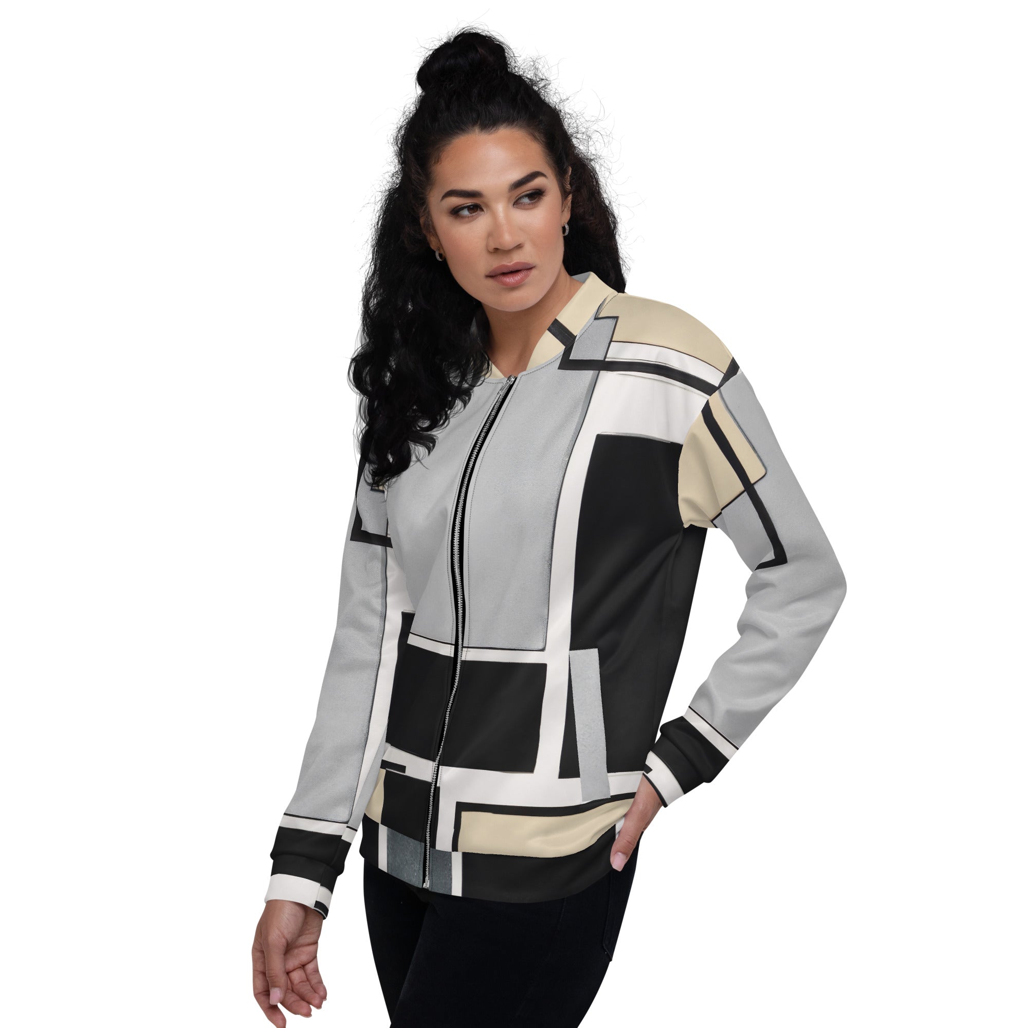 Women's bomber jacket featuring a black and grey abstract pattern, zip-front closure, and ribbed cuffs, ideal for stylish layering.