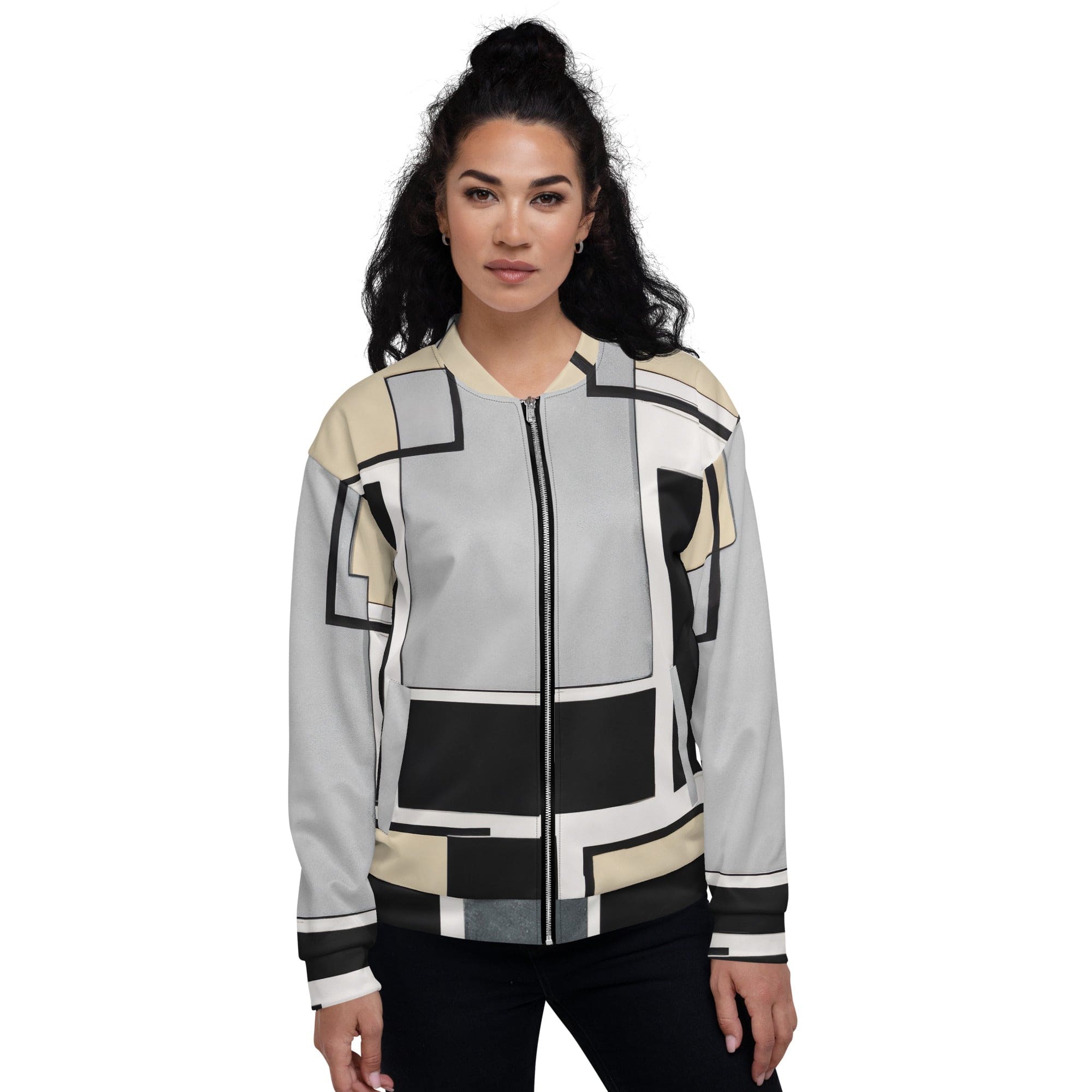 Women's bomber jacket featuring a black and grey abstract pattern, zip-front closure, and ribbed cuffs, ideal for stylish layering.