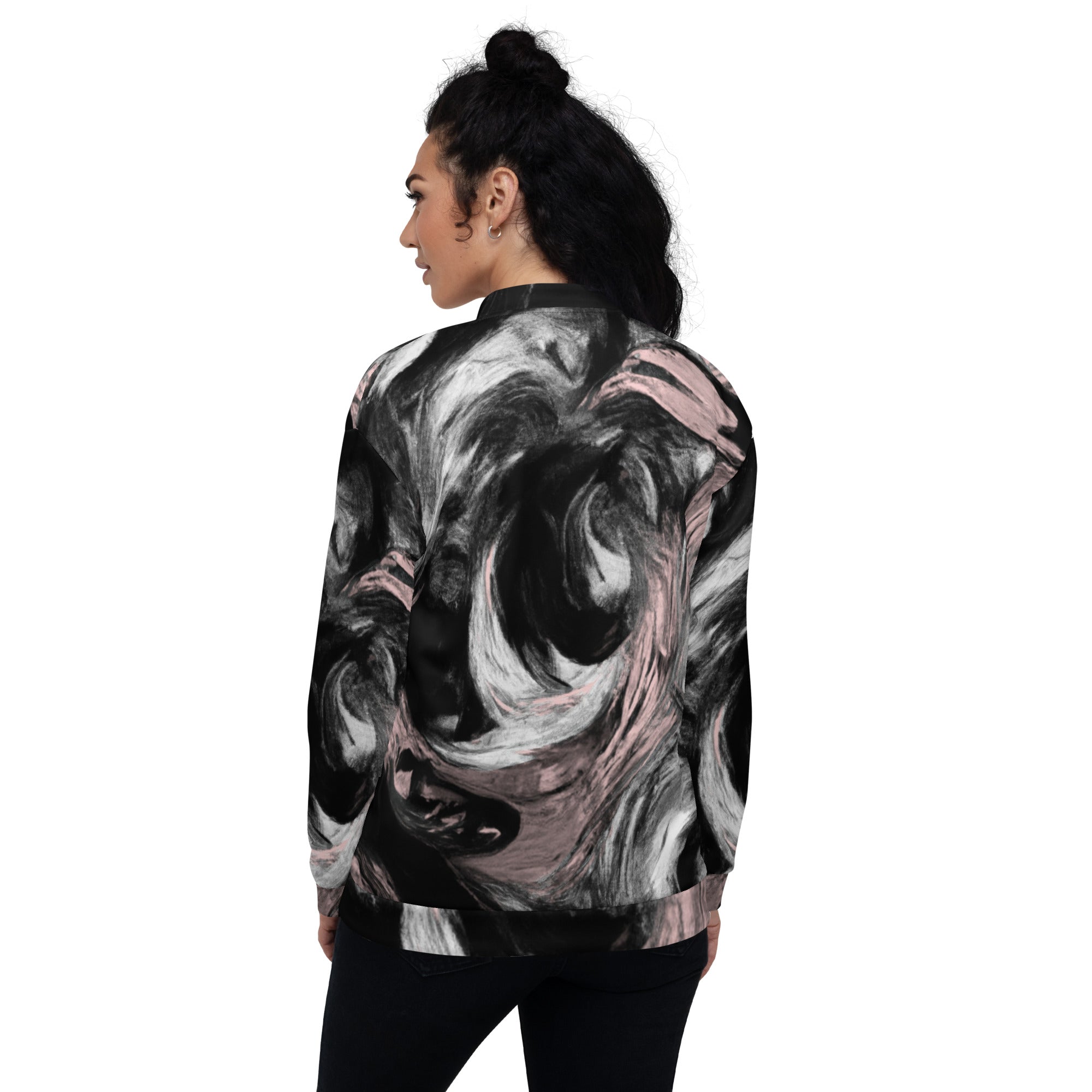 Women's bomber jacket featuring a black, pink, and white abstract pattern, zip-front closure, and ribbed cuffs.