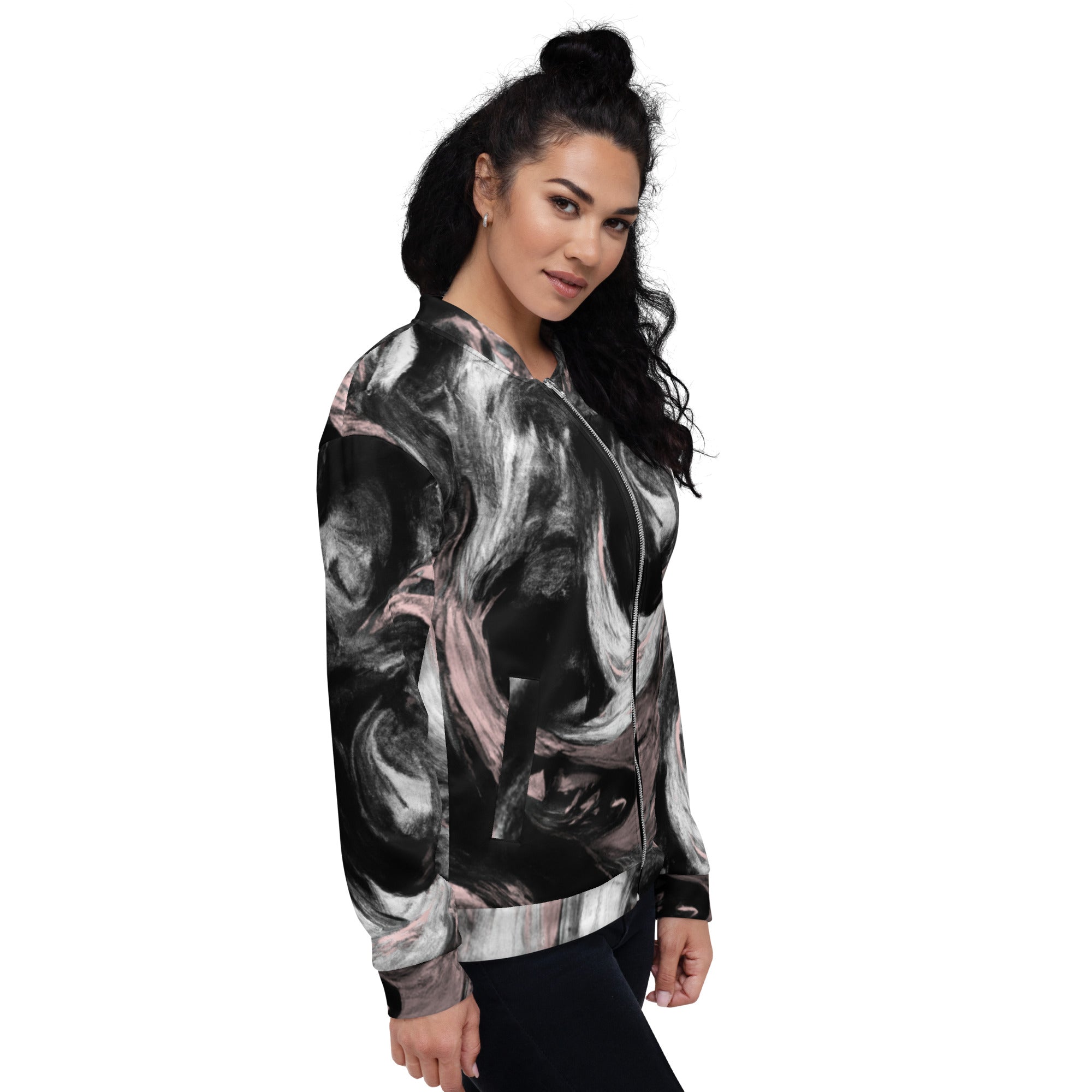 Women's bomber jacket featuring a black, pink, and white abstract pattern, zip-front closure, and ribbed cuffs.