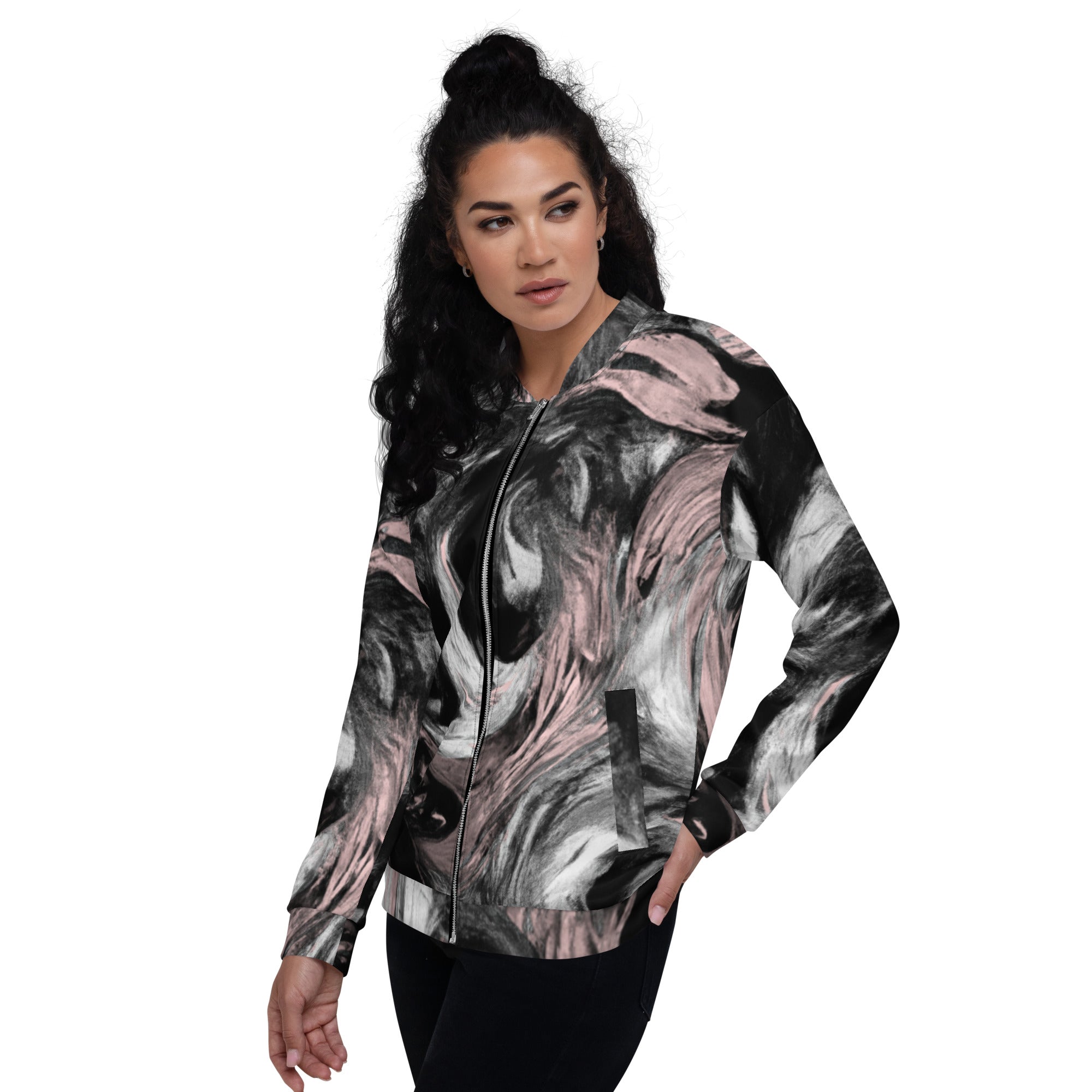 Women's bomber jacket featuring a black, pink, and white abstract pattern, zip-front closure, and ribbed cuffs.