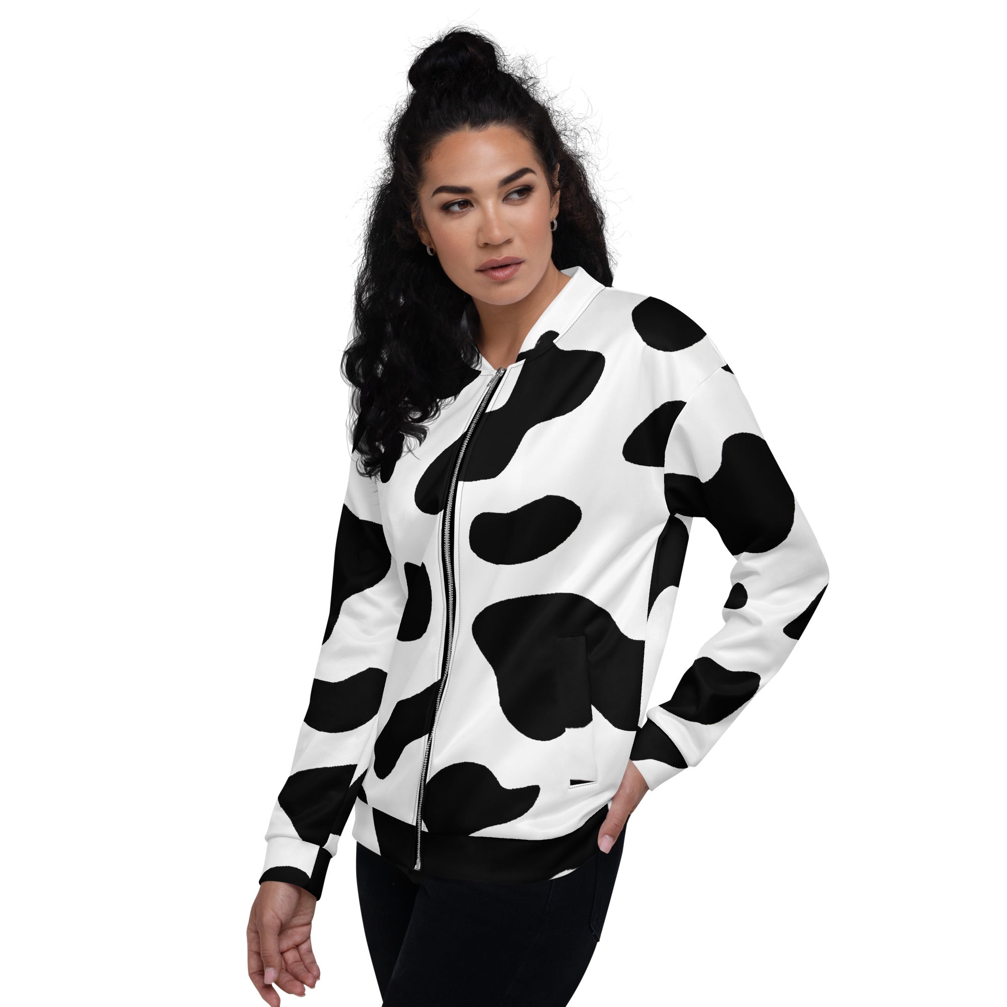 Women's bomber jacket featuring a stylish black and white cow print design, zip-front closure, and ribbed cuffs.