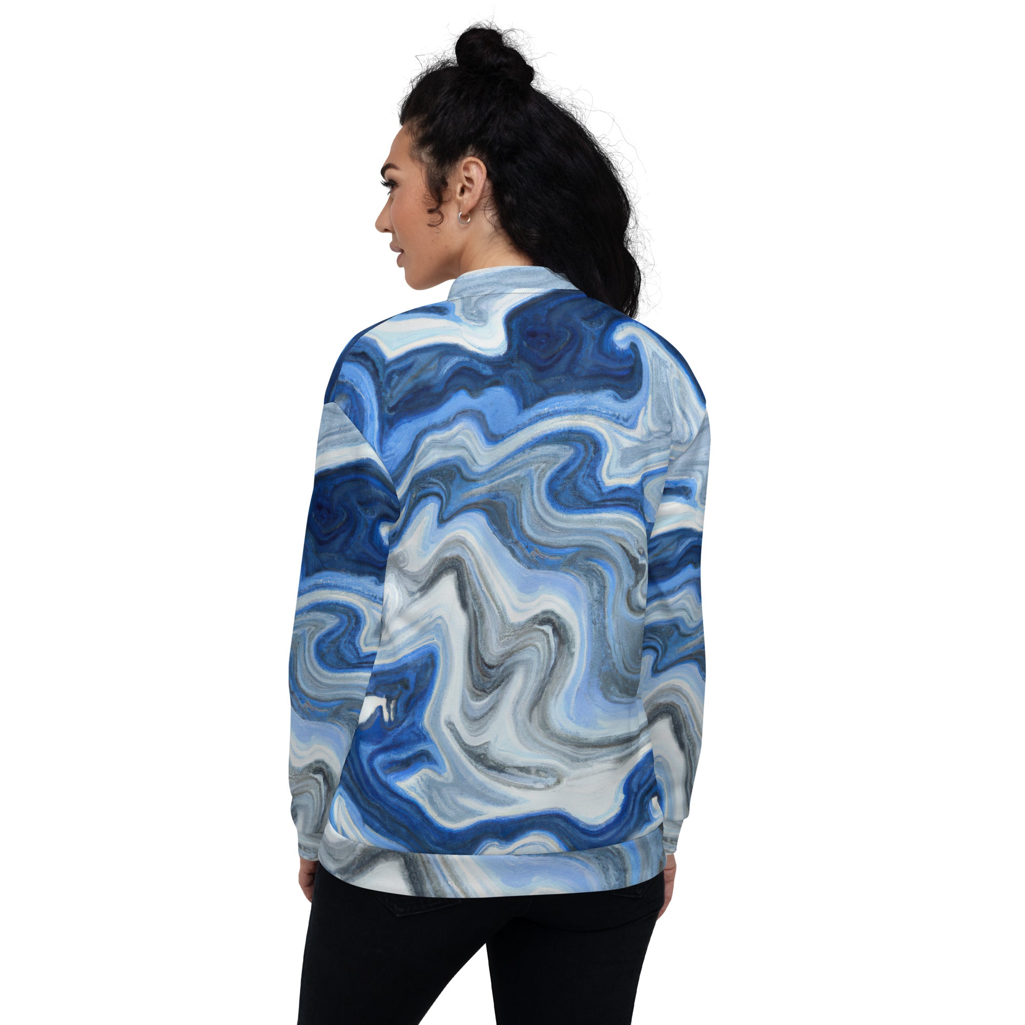 Women's bomber jacket featuring a blue grey marble print, zip-front closure, and ribbed cuffs, perfect for stylish layering.