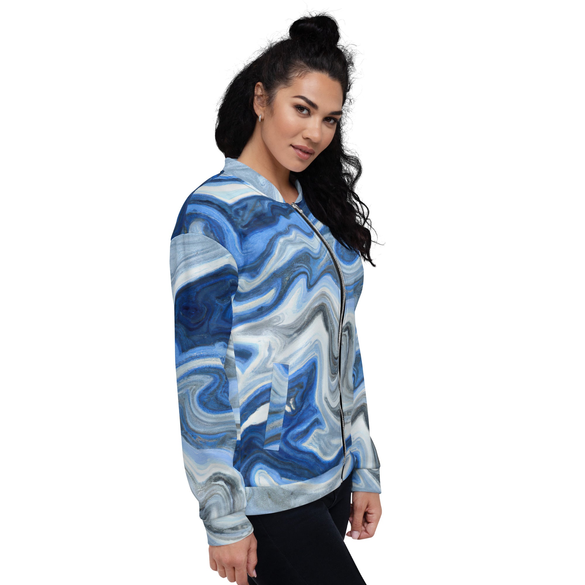 Women's bomber jacket featuring a blue grey marble print, zip-front closure, and ribbed cuffs, perfect for stylish layering.