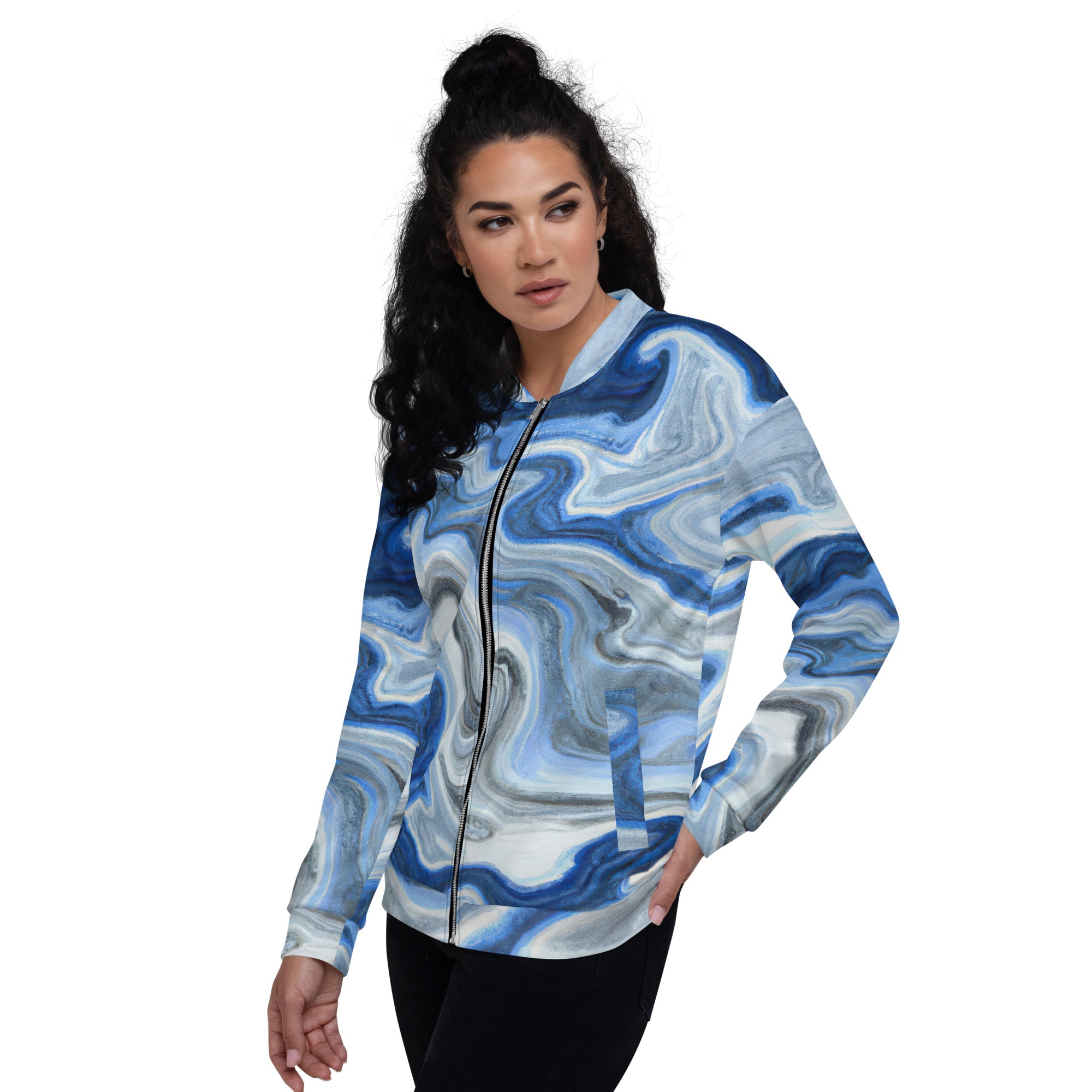 Women's bomber jacket featuring a blue grey marble print, zip-front closure, and ribbed cuffs, perfect for stylish layering.