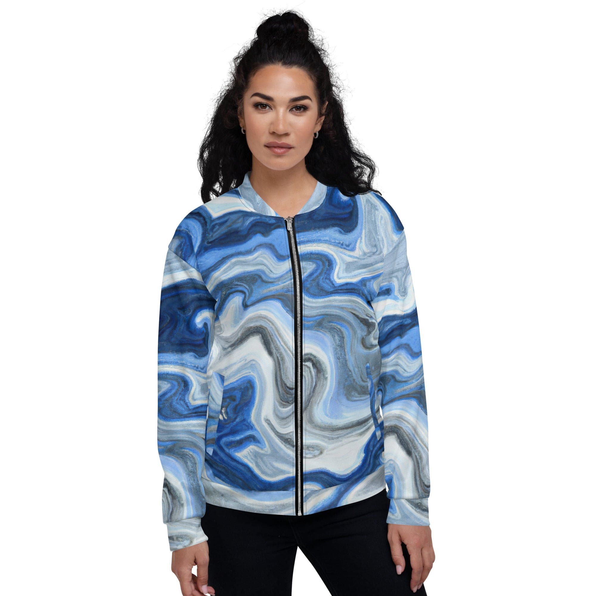 Women's bomber jacket featuring a blue grey marble print, zip-front closure, and ribbed cuffs, perfect for stylish layering.