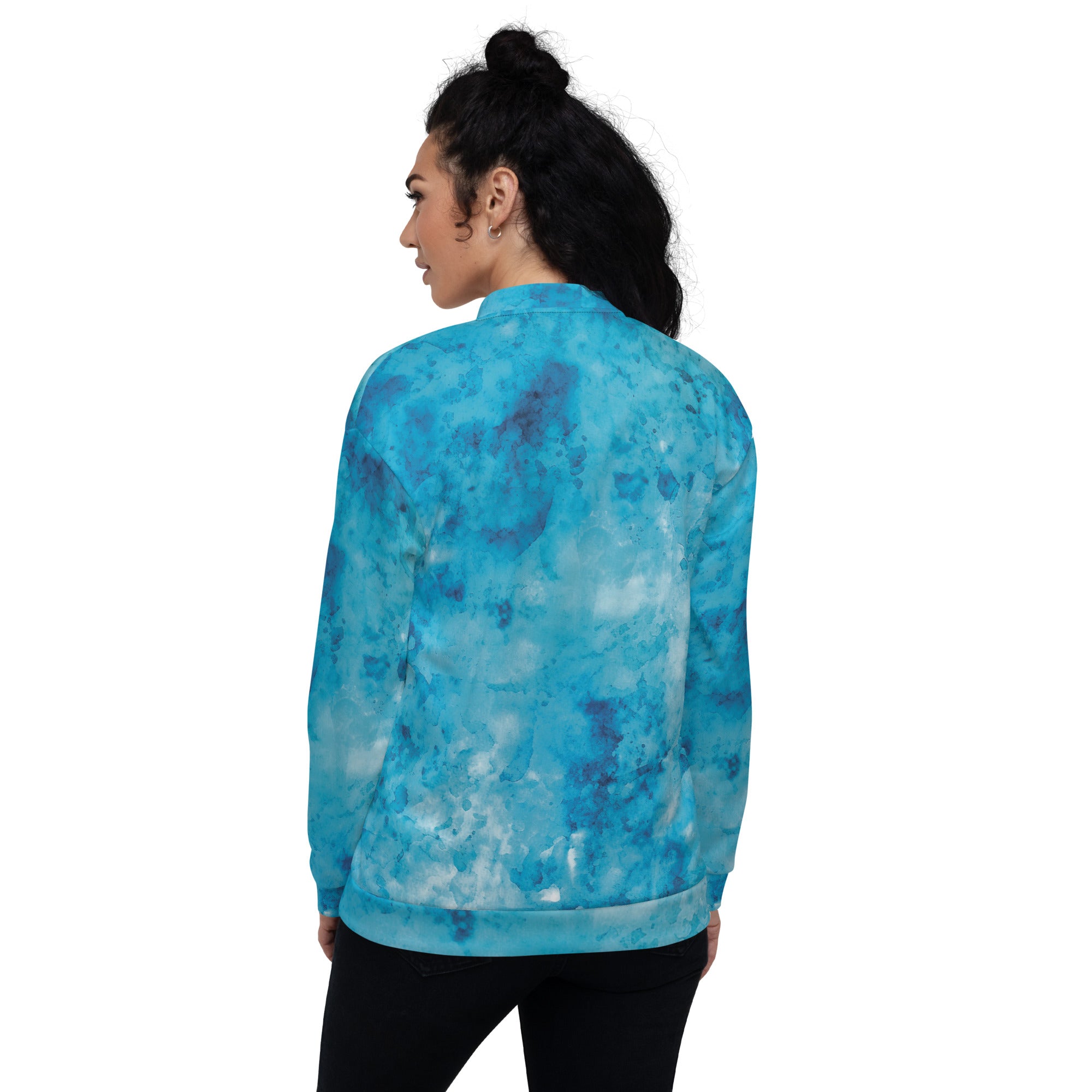 Women's bomber jacket featuring a blue marble print with ribbed cuffs and zip-front closure, ideal for stylish layering.