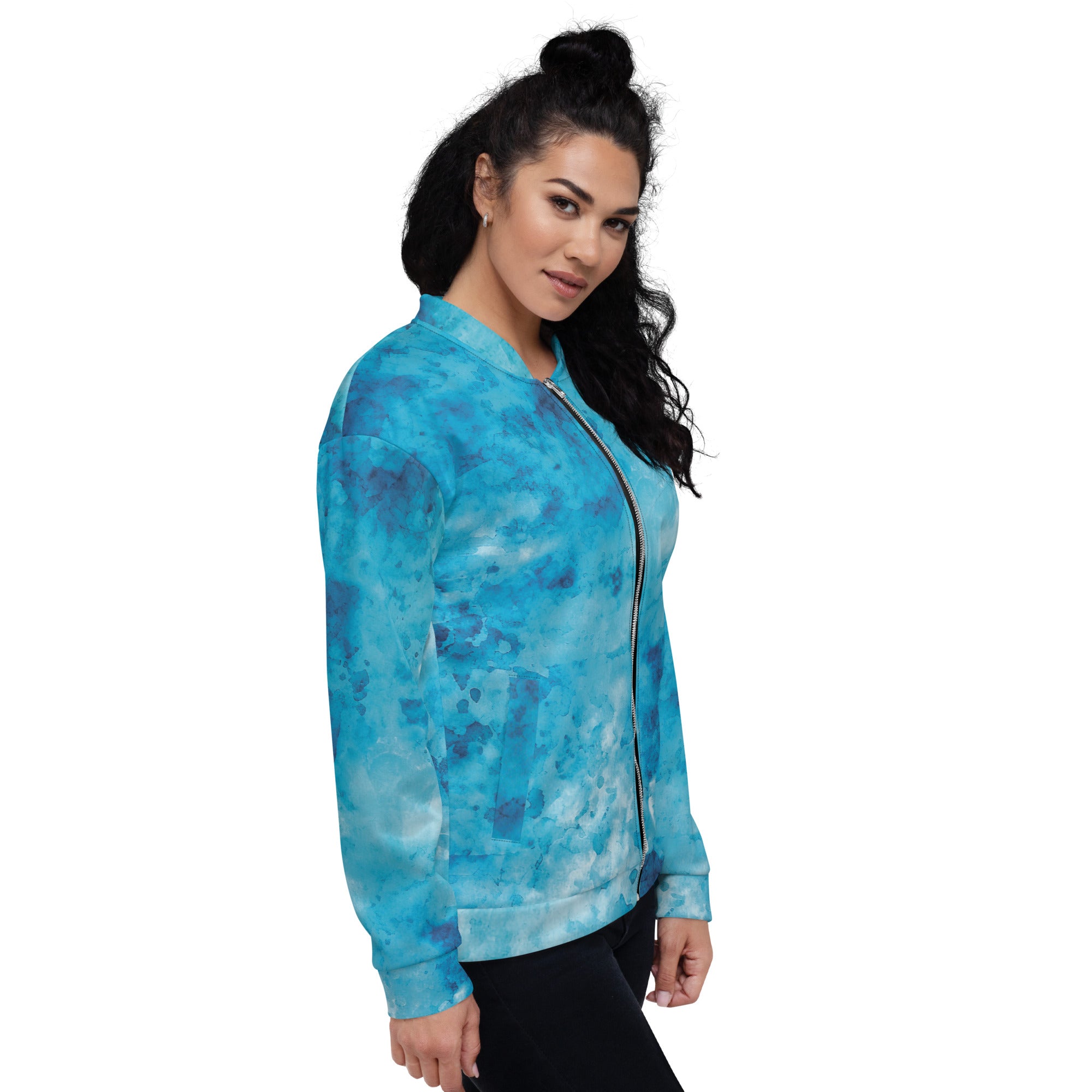 Women's bomber jacket featuring a blue marble print with ribbed cuffs and zip-front closure, ideal for stylish layering.