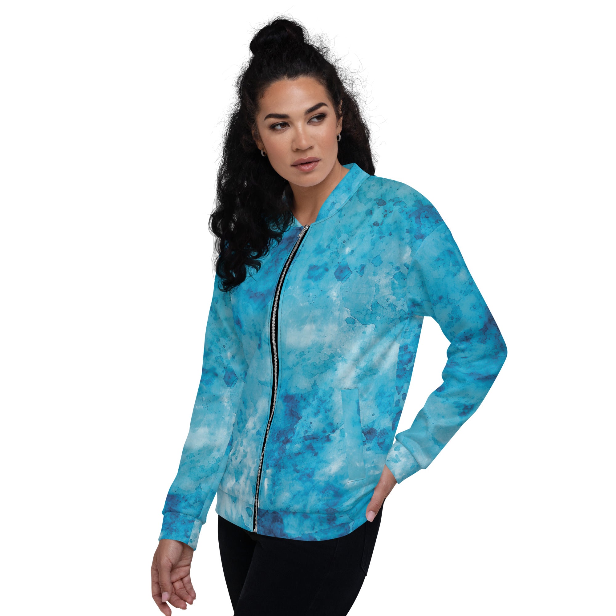 Women's bomber jacket featuring a blue marble print with ribbed cuffs and zip-front closure, ideal for stylish layering.