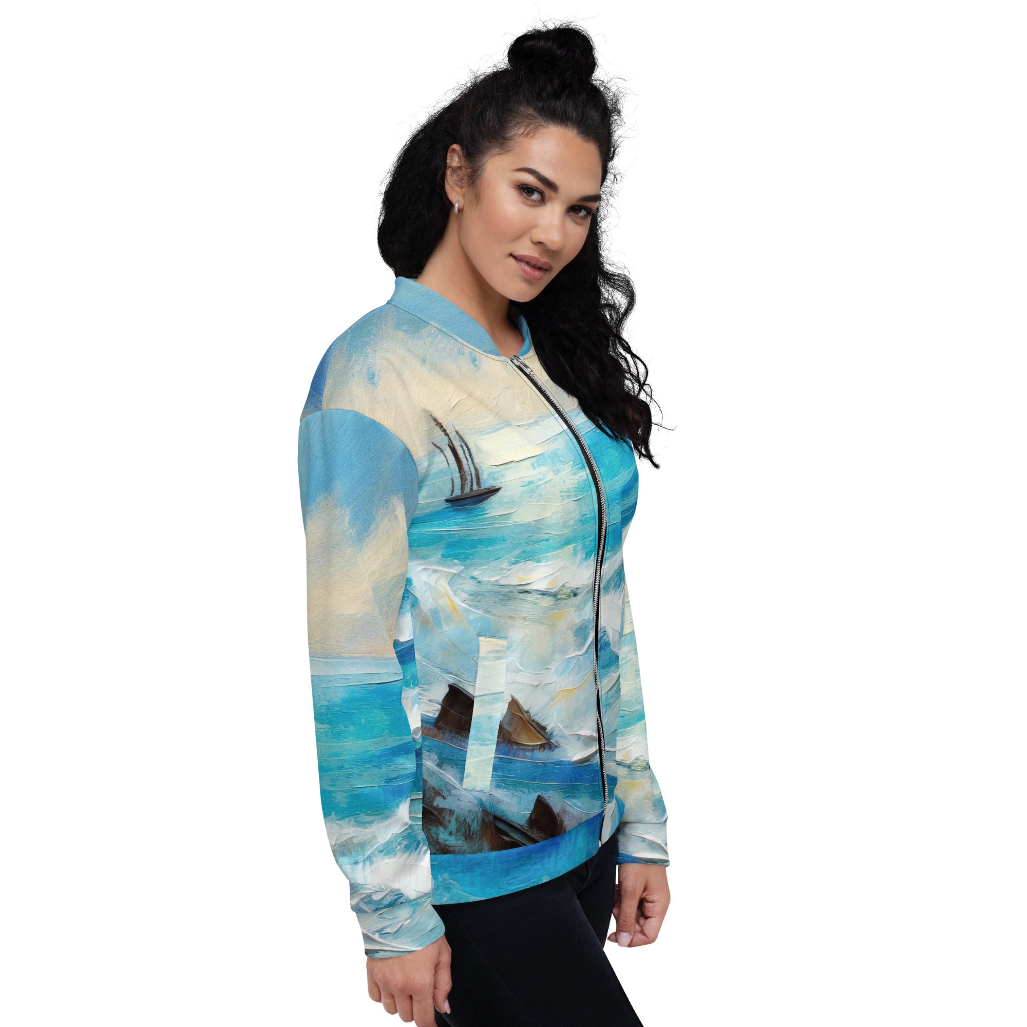 Women's bomber jacket featuring a vibrant blue ocean print, zip-front closure, and ribbed cuffs, perfect for stylish layering.