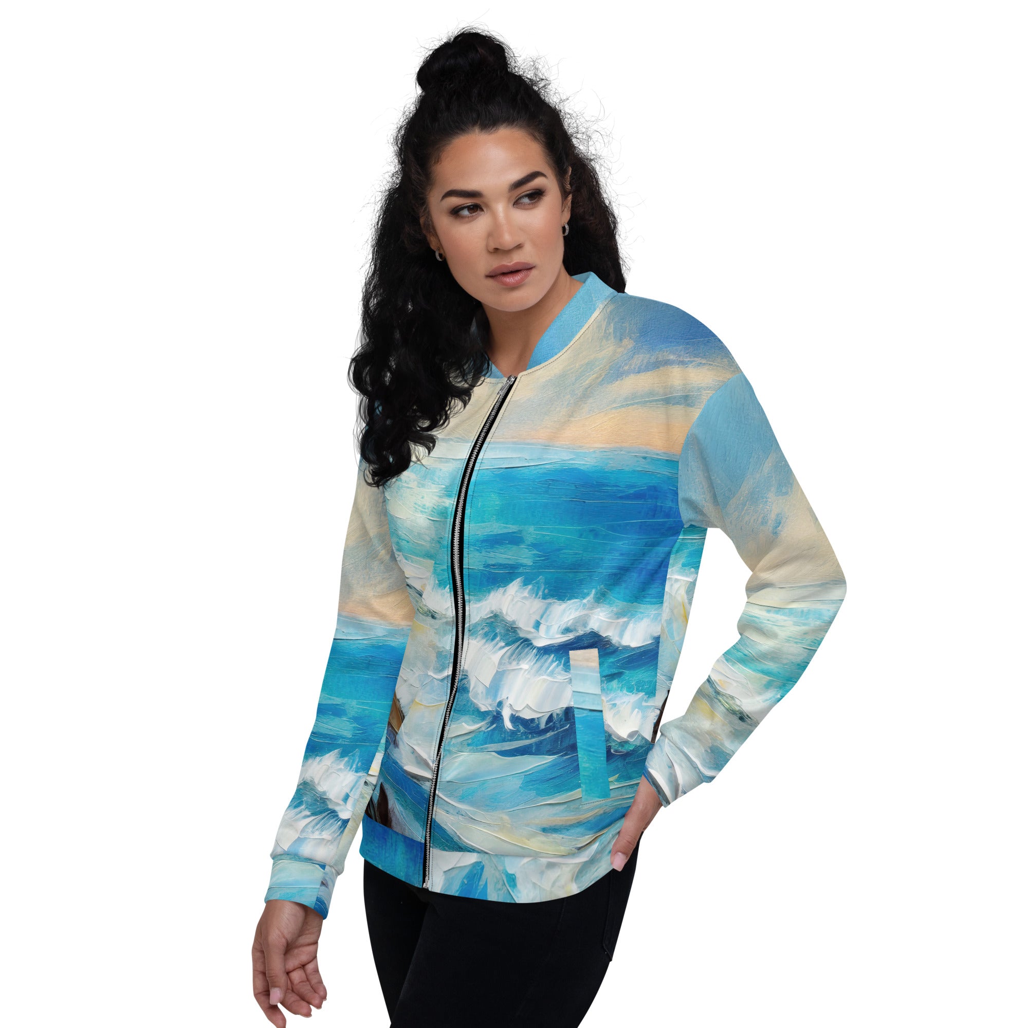 Women's bomber jacket featuring a vibrant blue ocean print, zip-front closure, and ribbed cuffs, perfect for stylish layering.