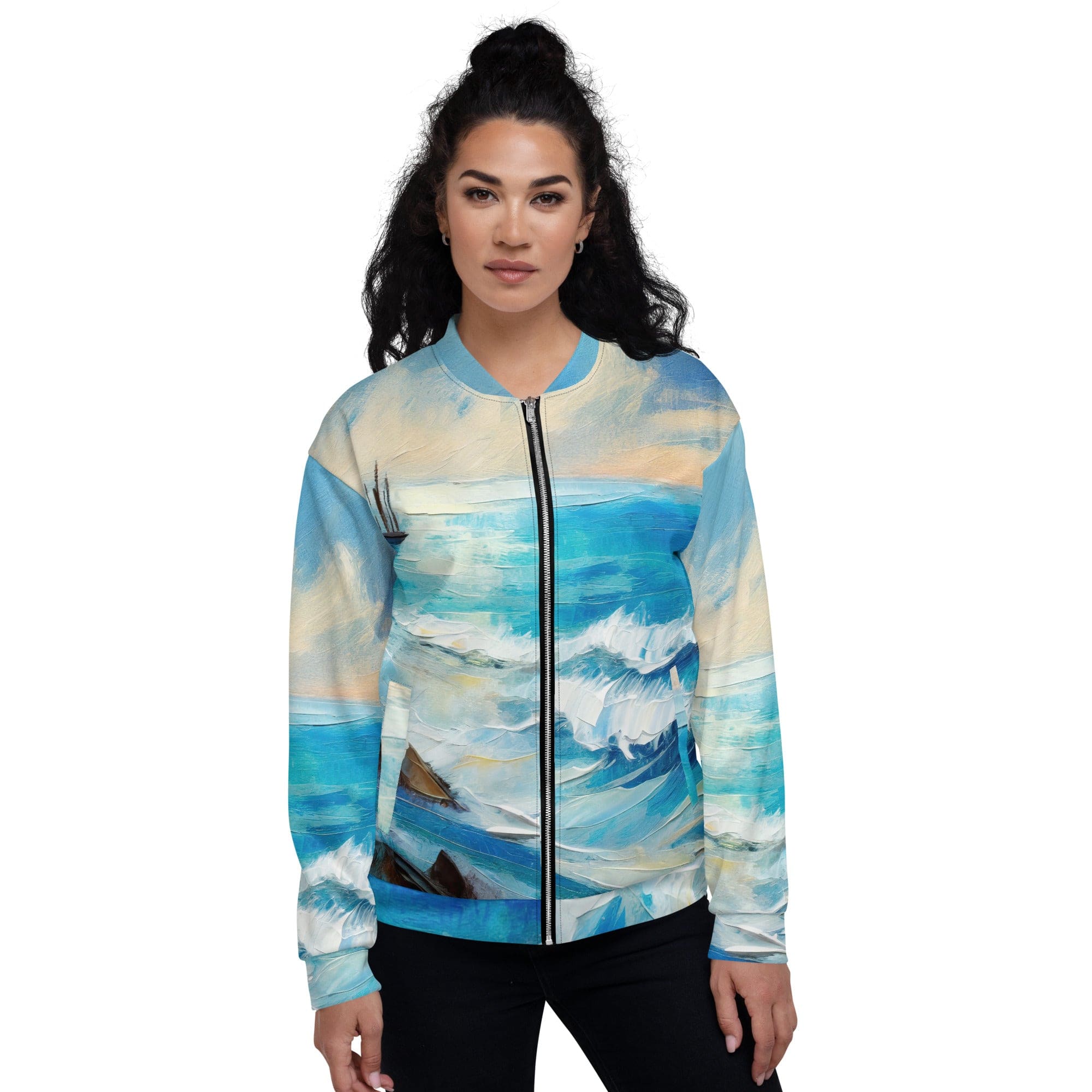 Women's bomber jacket featuring a vibrant blue ocean print, zip-front closure, and ribbed cuffs, perfect for stylish layering.