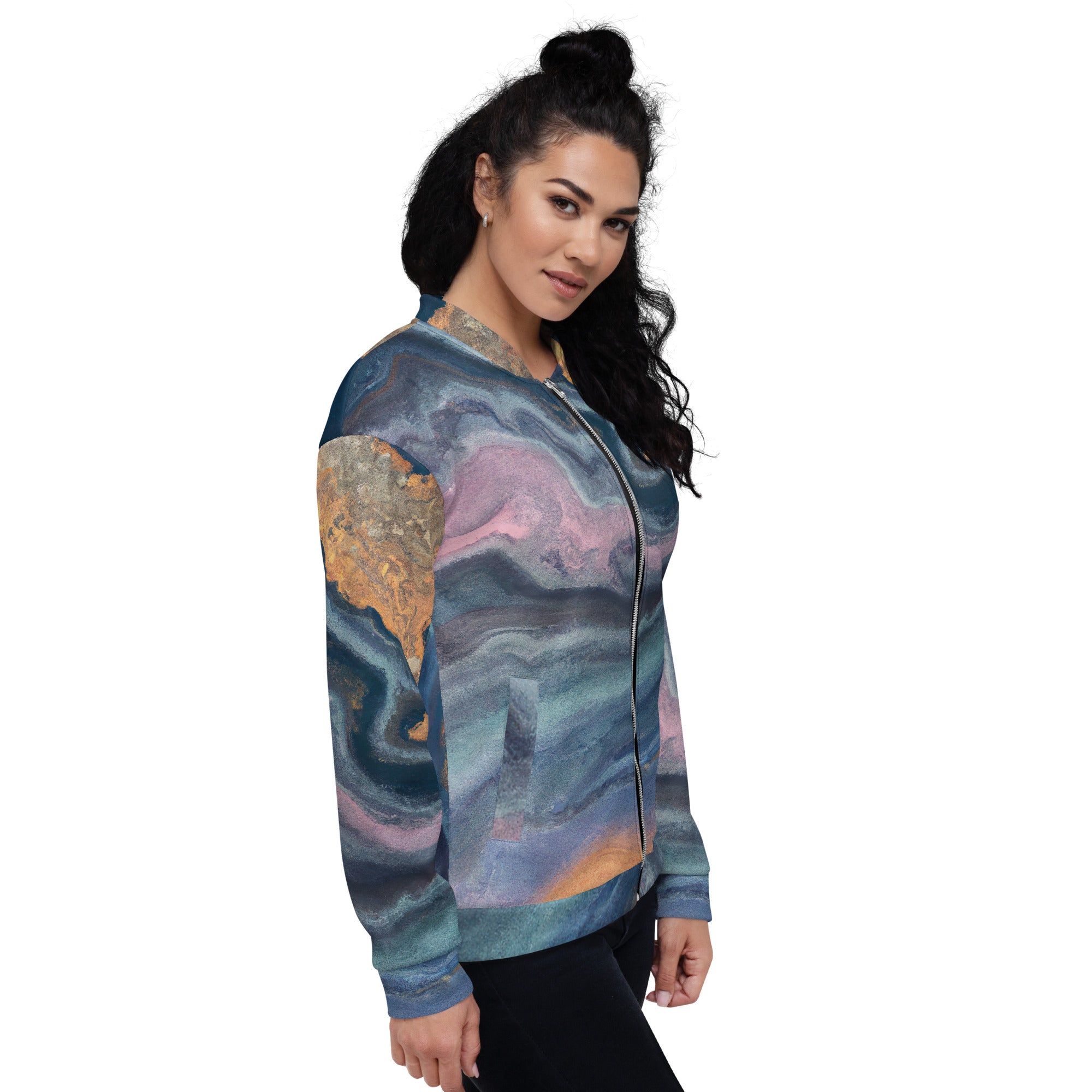 Women's bomber jacket featuring a blue pink marble swirl print, zip-front closure, and ribbed cuffs, ideal for stylish layering.