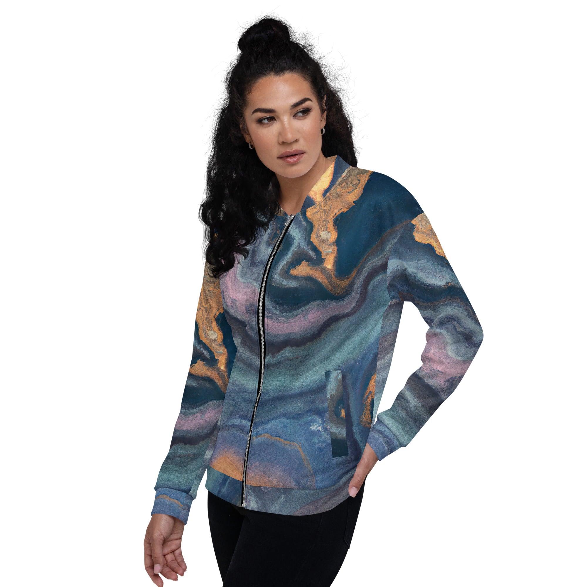 Women's bomber jacket featuring a blue pink marble swirl print, zip-front closure, and ribbed cuffs, ideal for stylish layering.