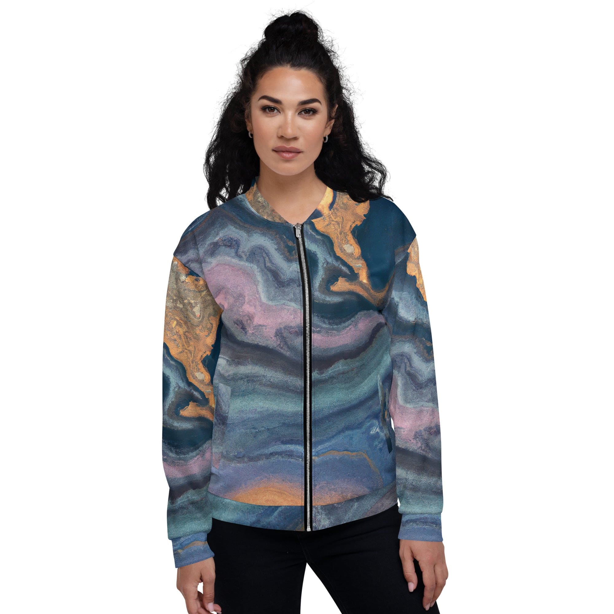 Women's bomber jacket featuring a blue pink marble swirl print, zip-front closure, and ribbed cuffs, ideal for stylish layering.