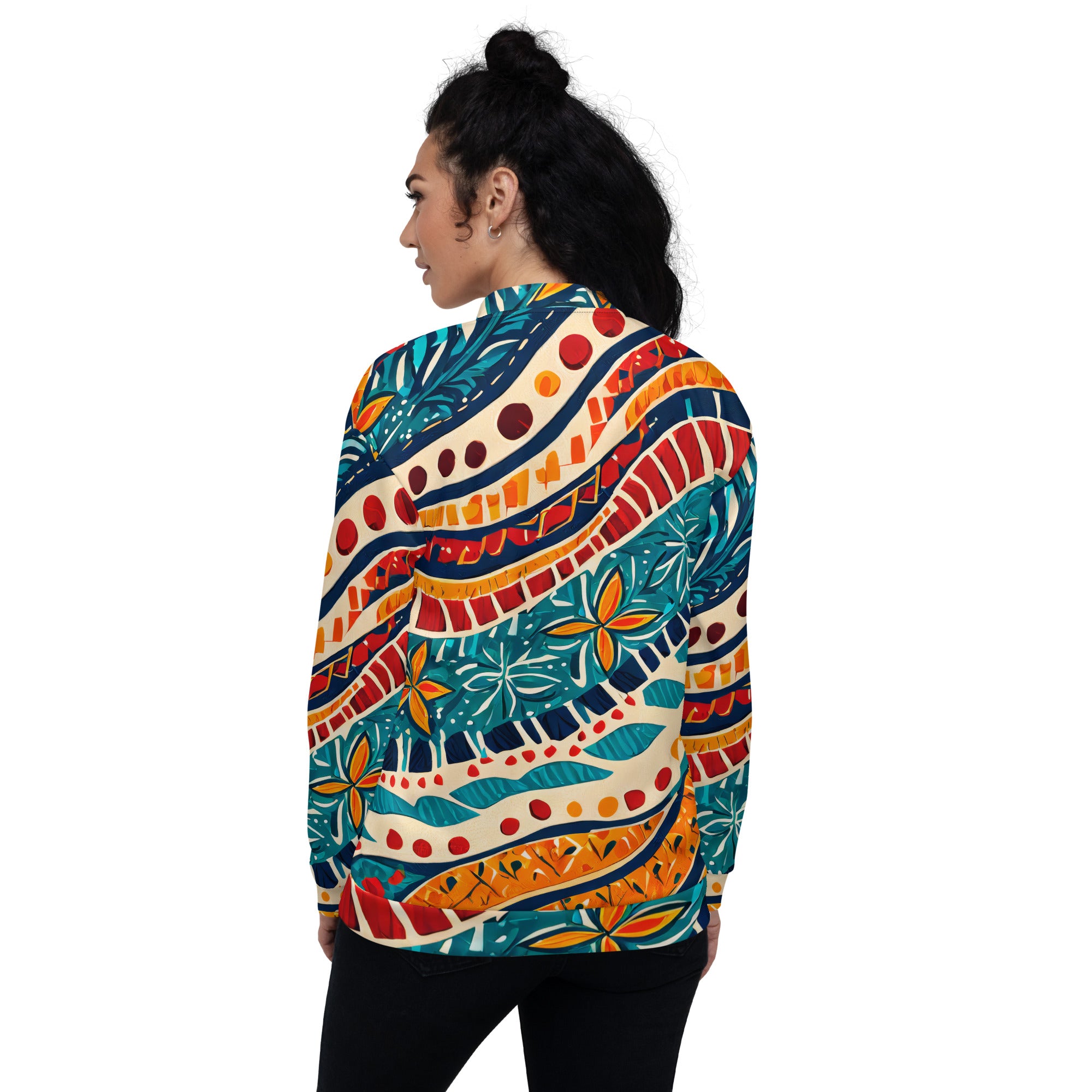 Women's bomber jacket featuring a vibrant boho floral print, zip-front closure, and ribbed cuffs, perfect for stylish layering.