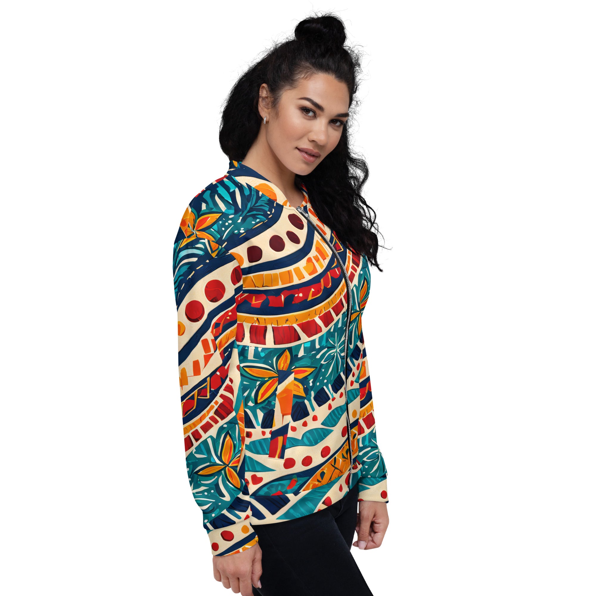 Women's bomber jacket featuring a vibrant boho floral print, zip-front closure, and ribbed cuffs, perfect for stylish layering.