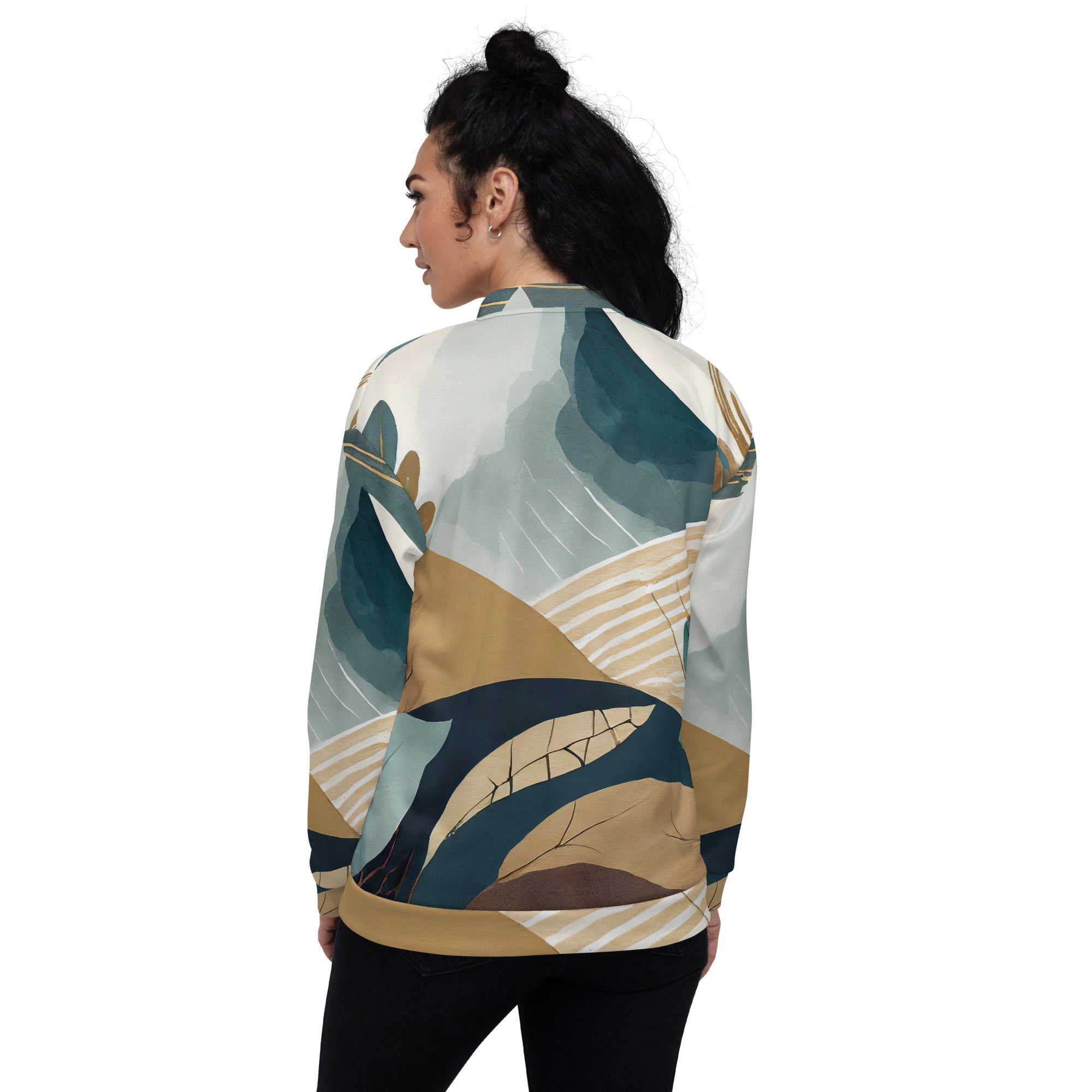 Women's Bomber Jacket featuring a vibrant Boho style print, zip-front closure, and ribbed cuffs, perfect for stylish layering.