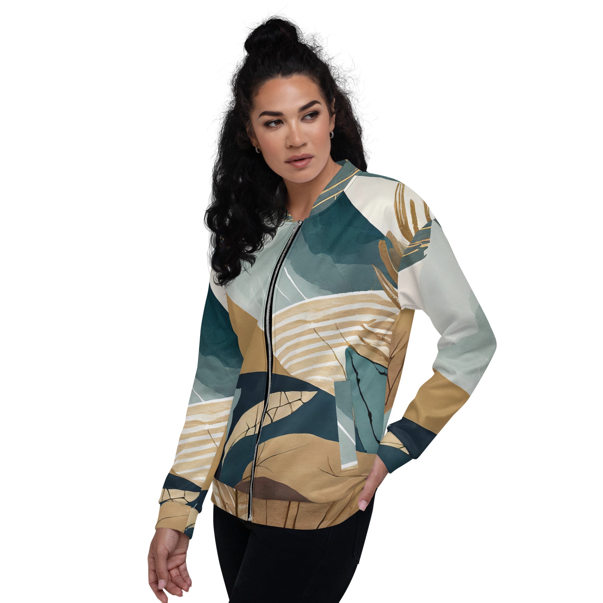 Women's Bomber Jacket featuring a vibrant Boho style print, zip-front closure, and ribbed cuffs, perfect for stylish layering.