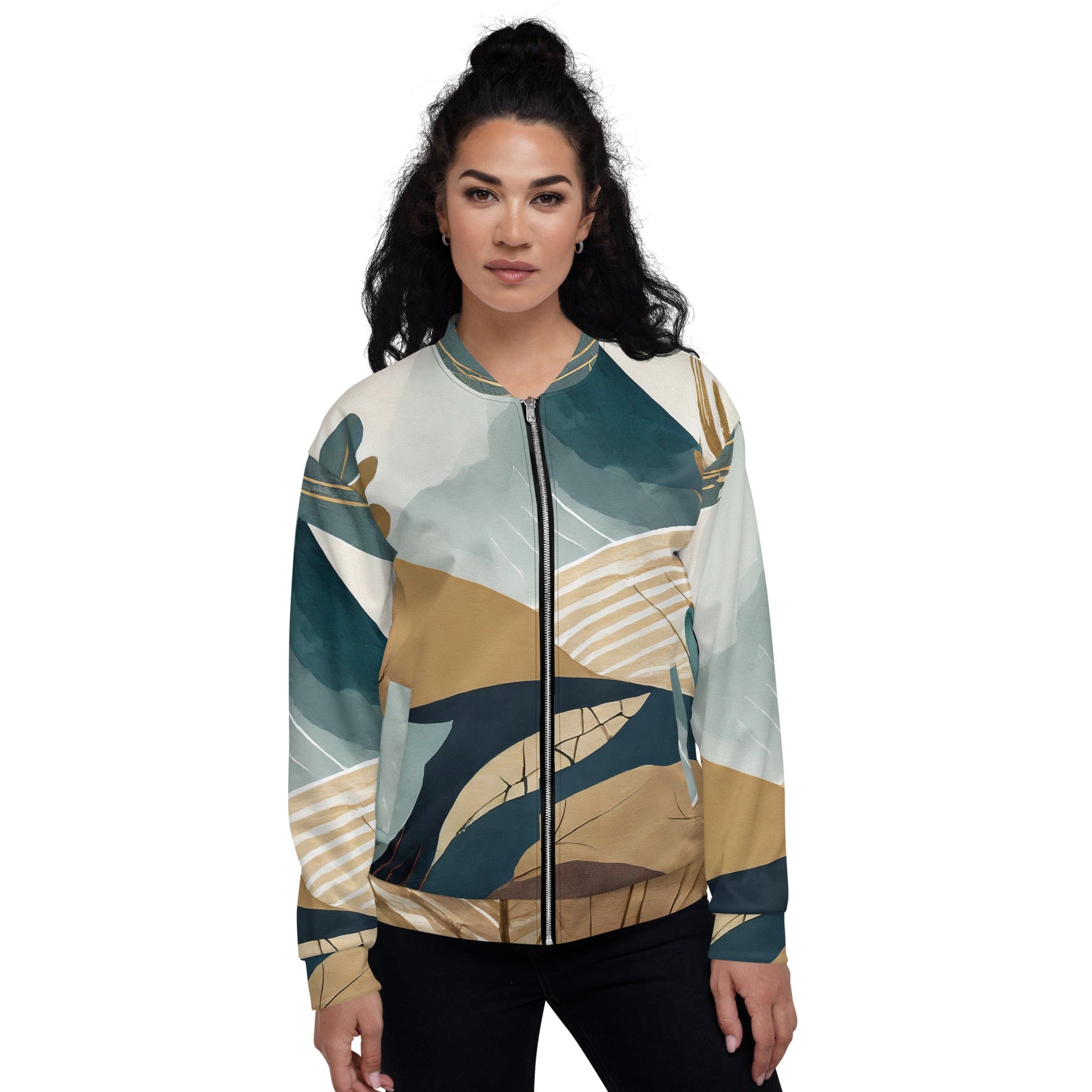 Women's Bomber Jacket featuring a vibrant Boho style print, zip-front closure, and ribbed cuffs, perfect for stylish layering.