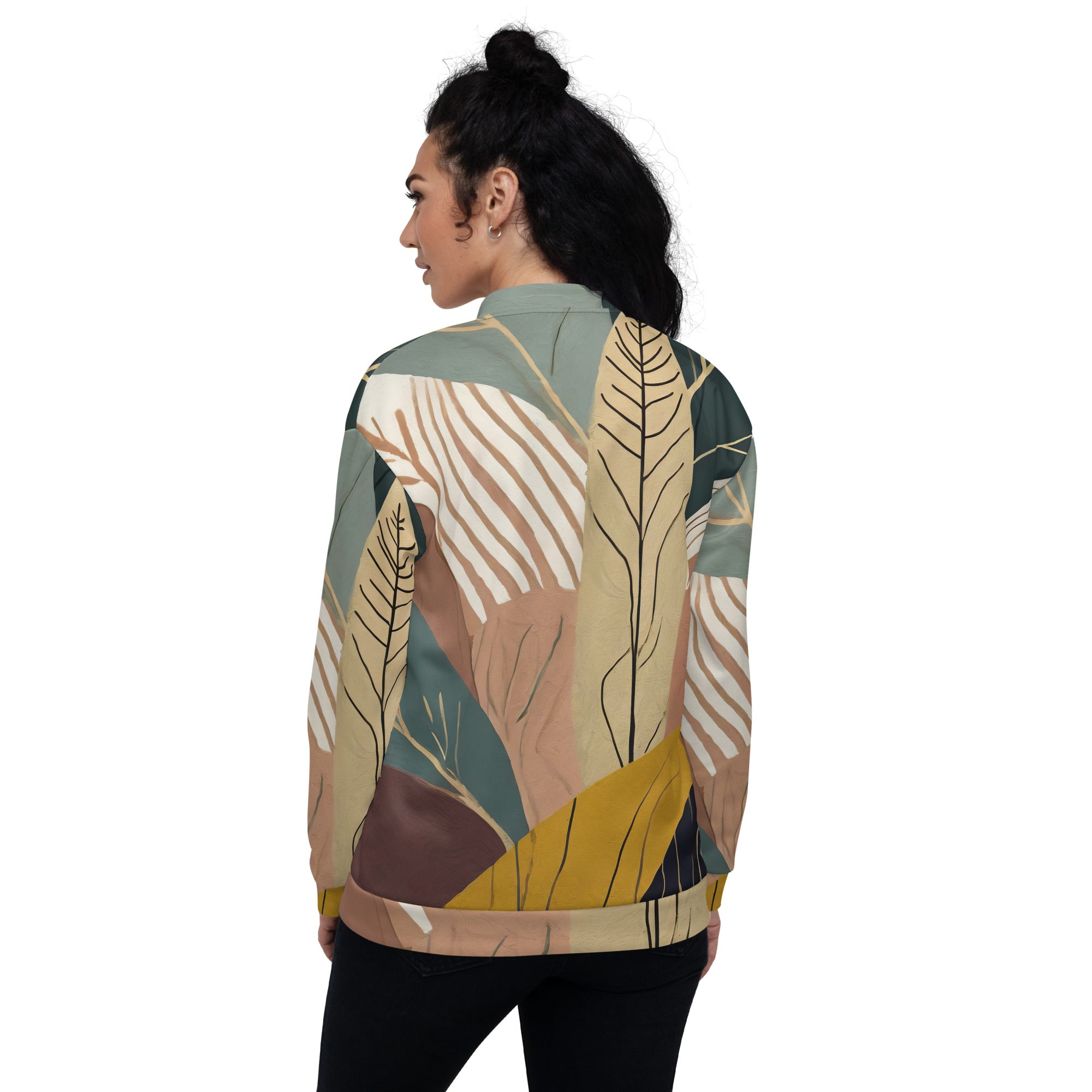 Women's Bomber Jacket featuring a vibrant Boho style print, zip-front closure, and ribbed cuffs, perfect for stylish layering.