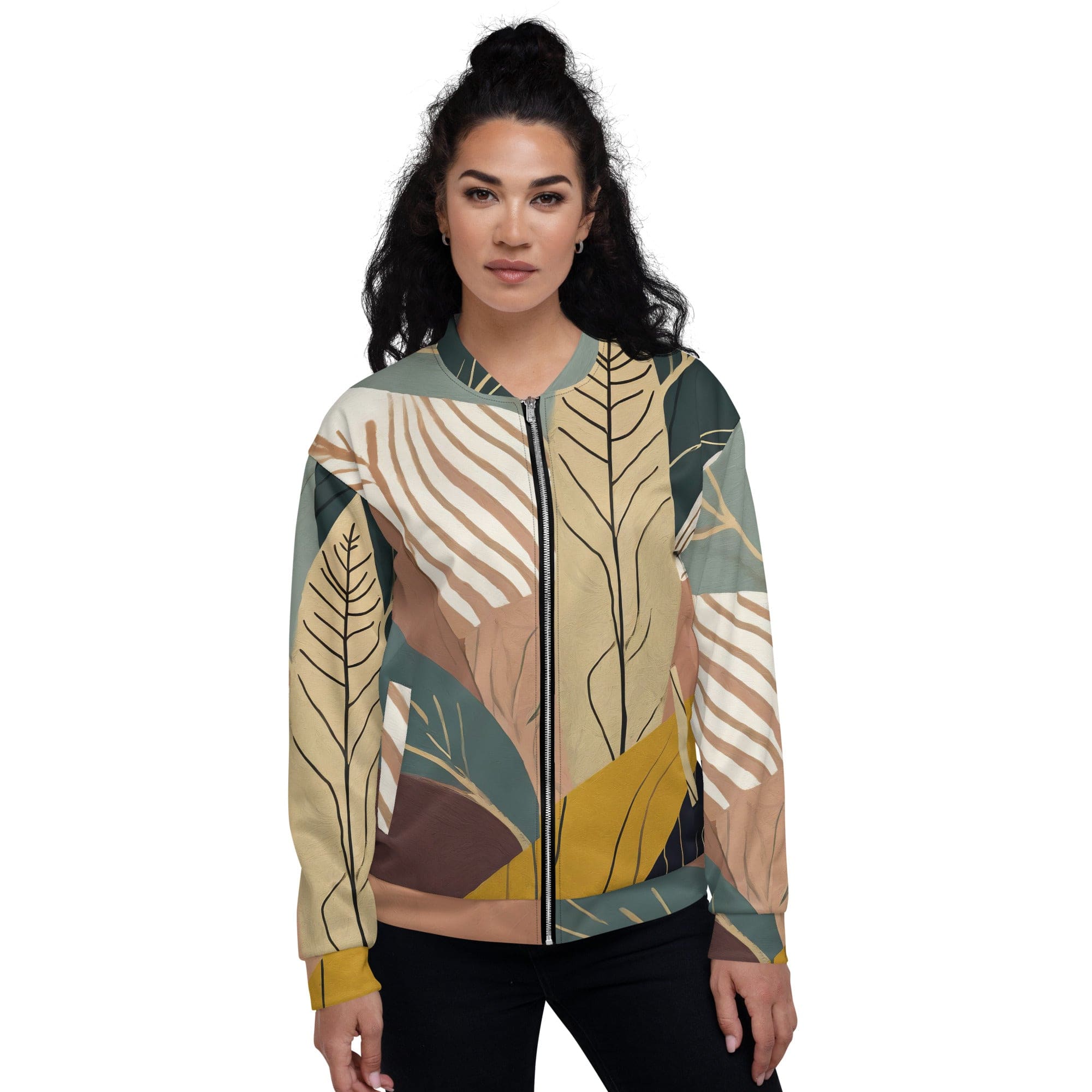 Women's Bomber Jacket featuring a vibrant Boho style print, zip-front closure, and ribbed cuffs, perfect for stylish layering.